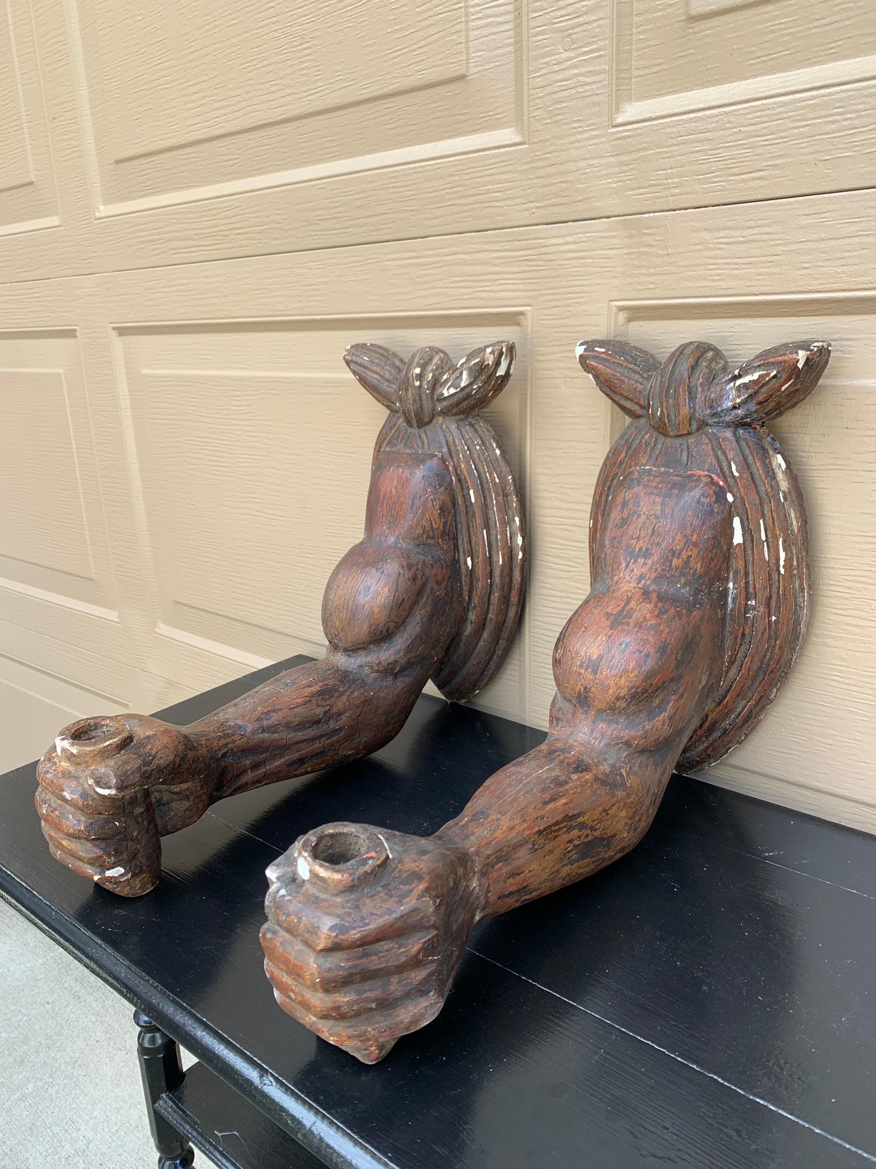Neoclassical Vintage Trompe L'Oeil Plaster Arm Candle Sconces, Pair For Sale