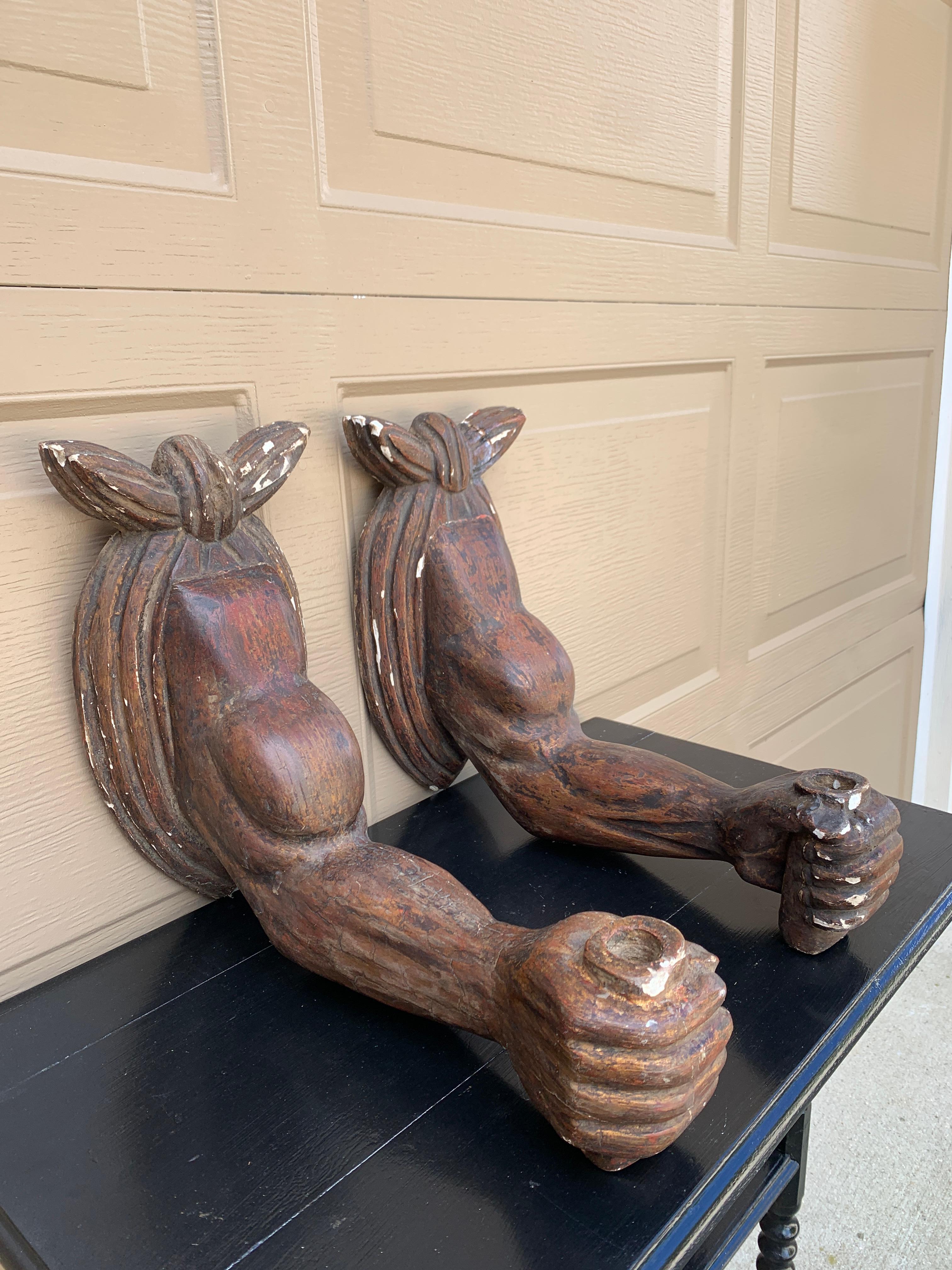 American Vintage Trompe L'Oeil Plaster Arm Candle Sconces, Pair For Sale