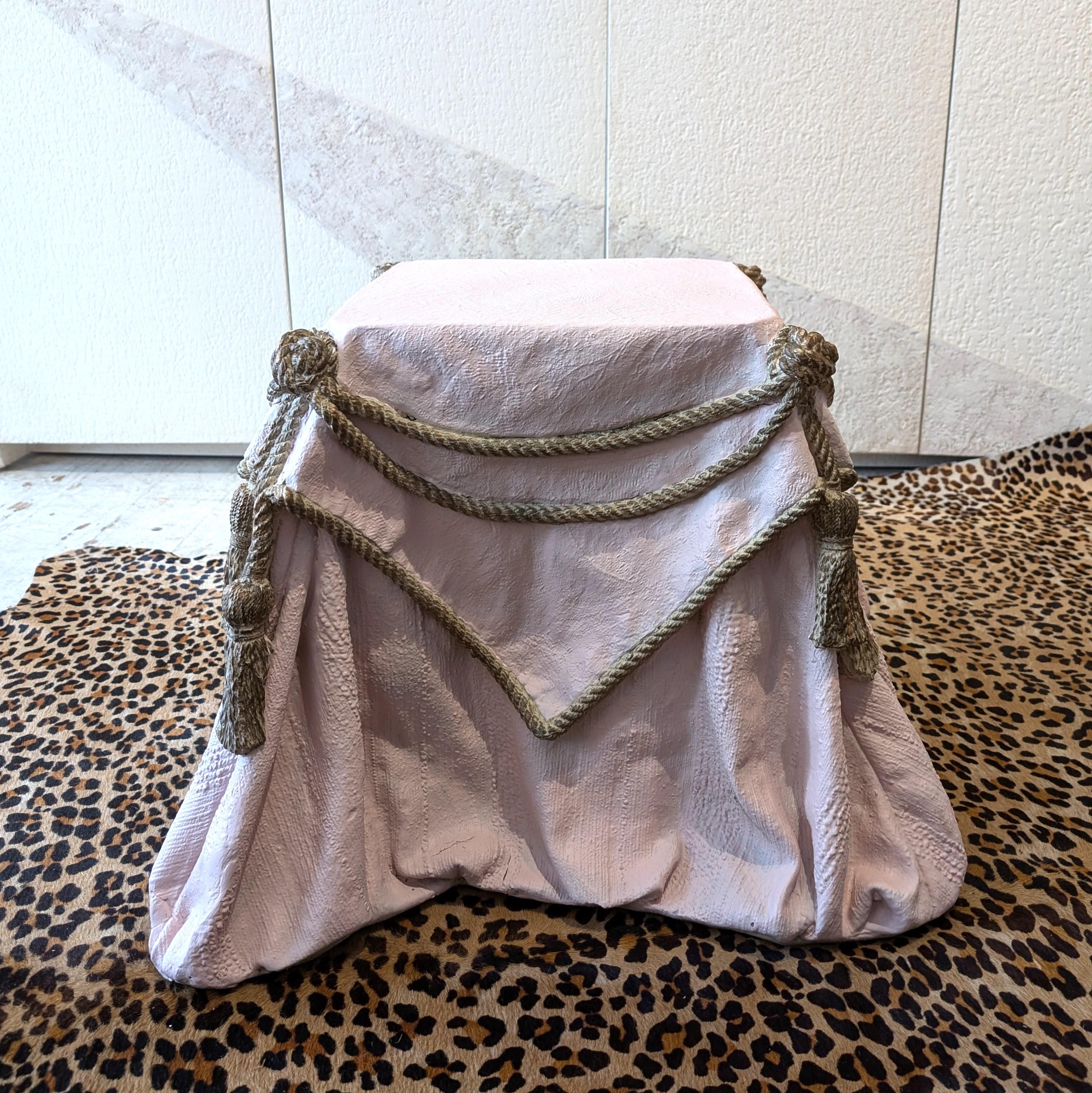 Hollywood Regency Vintage trompe l'oeil plaster draped fabric rope tassel side table / footstool