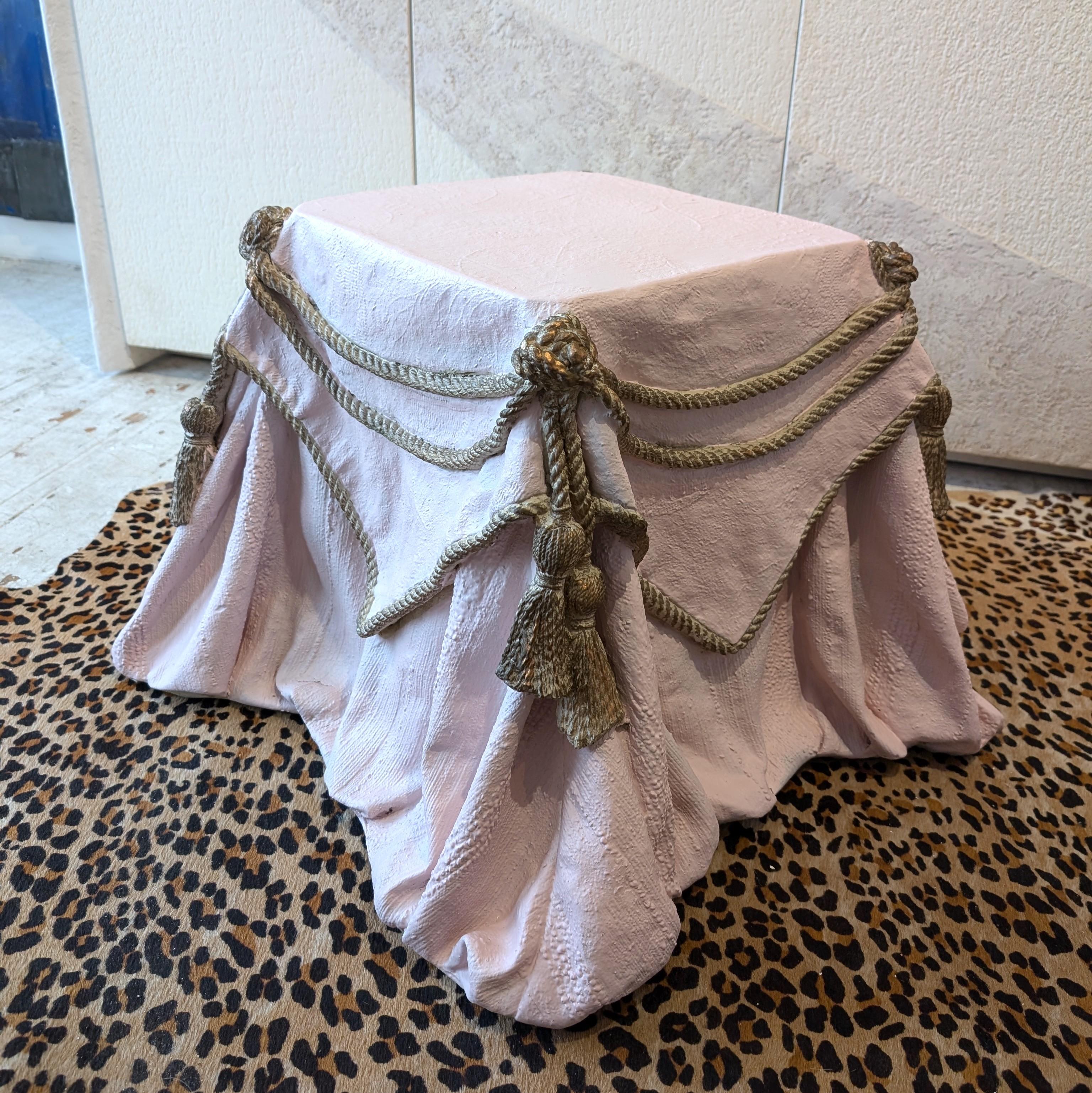 Vintage trompe l'oeil plaster draped fabric rope tassel side table / footstool In Good Condition In Hastings, GB