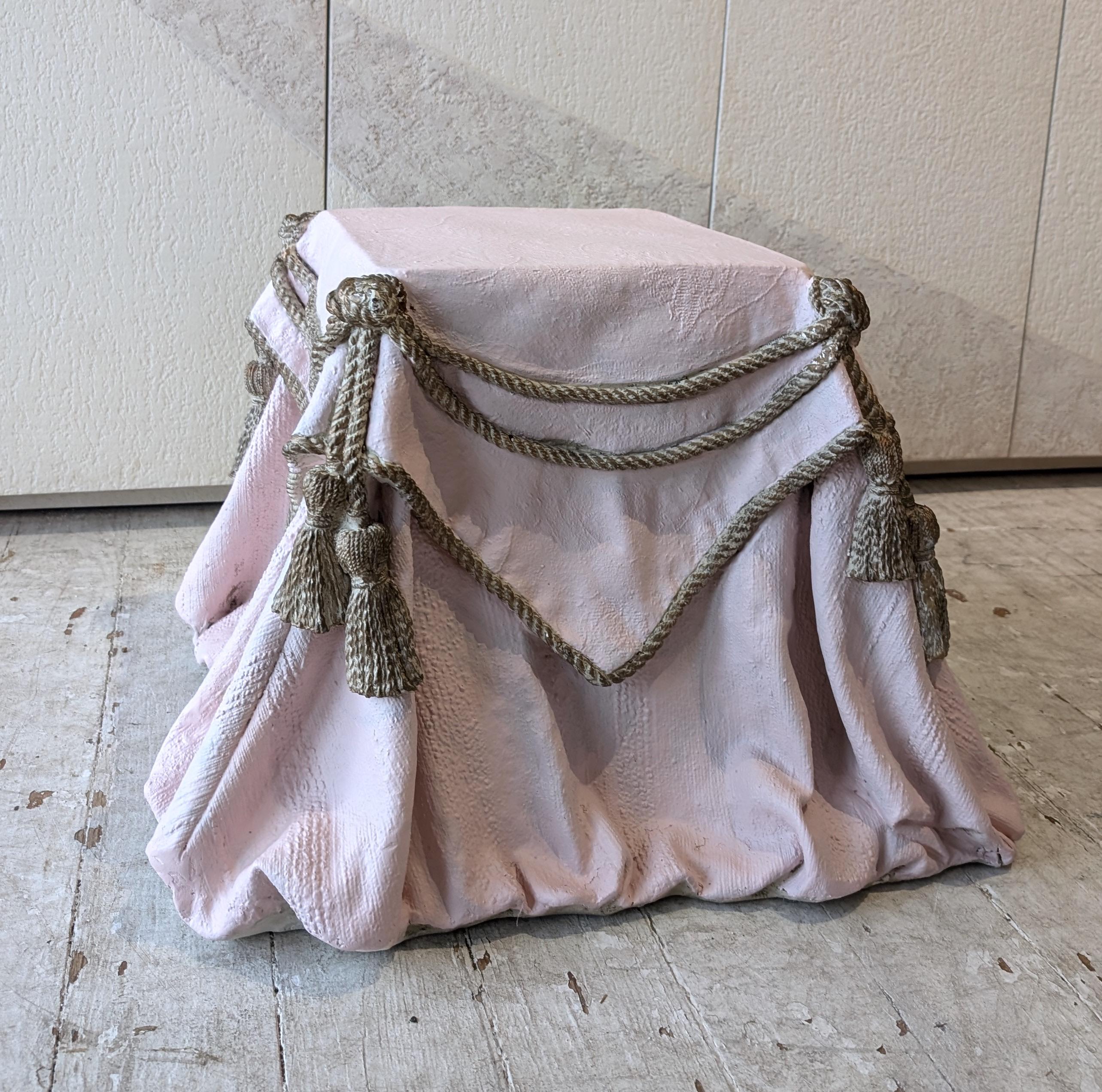 Plaster Vintage trompe l'oeil plaster draped fabric rope tassel side table / footstool