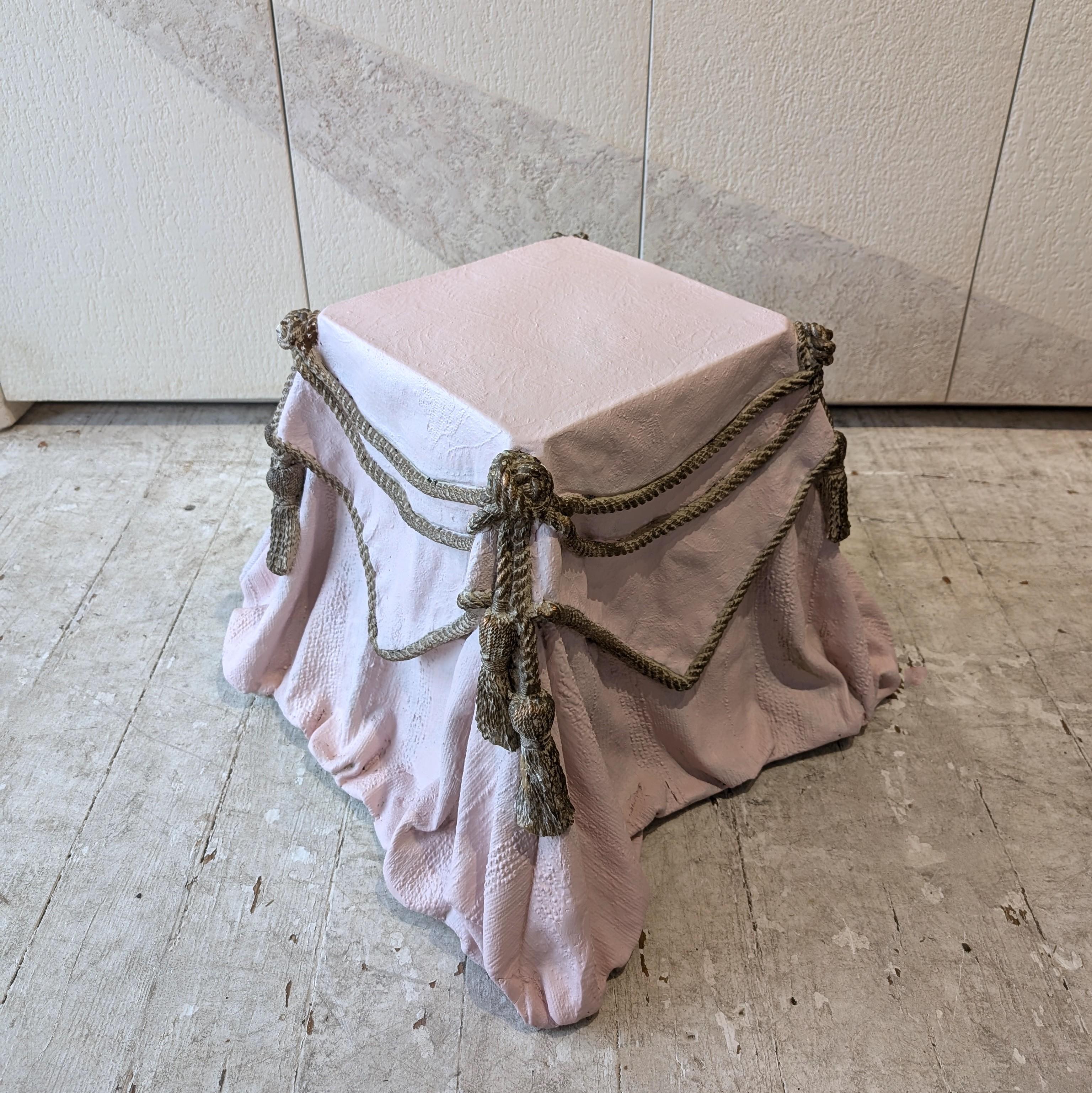 Vintage trompe l'oeil plaster draped fabric rope tassel side table / footstool 2
