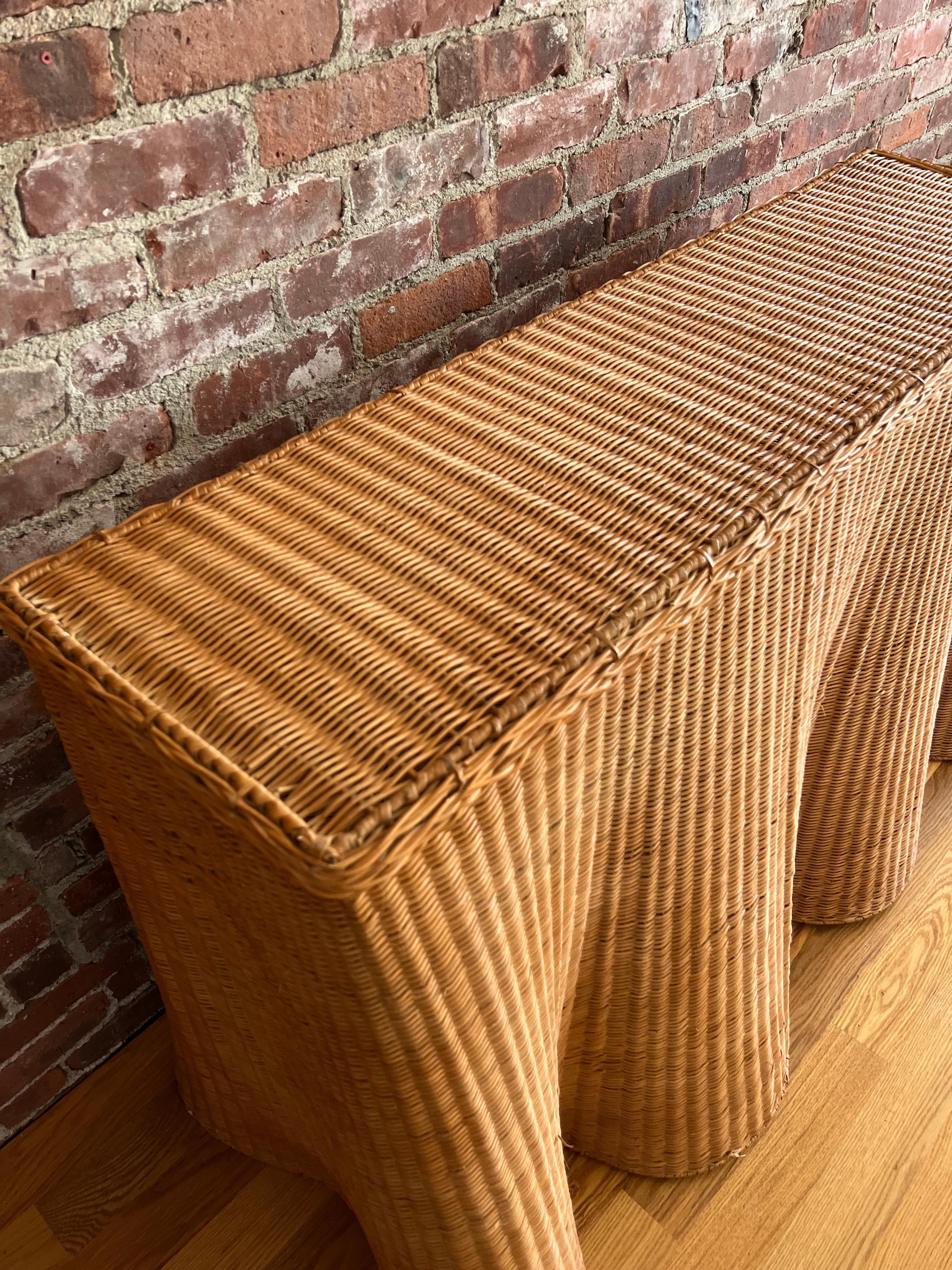 Woven Vintage Trompe l’Oeil Wicker Console Table with Sculptural Draped Silhouette