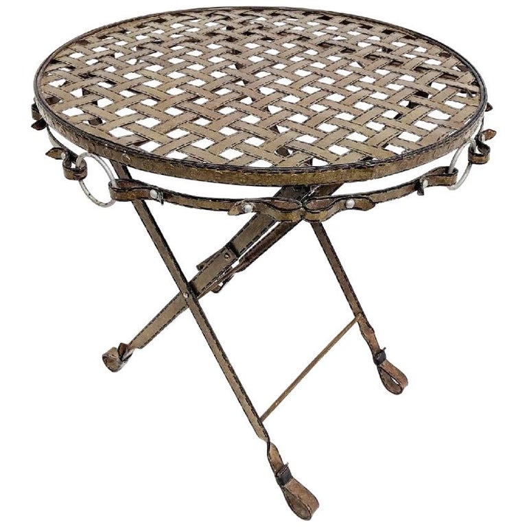 Vintage Trompe l'Oeil Wrought Iron Leather Strap Equestrian Folding Table For Sale