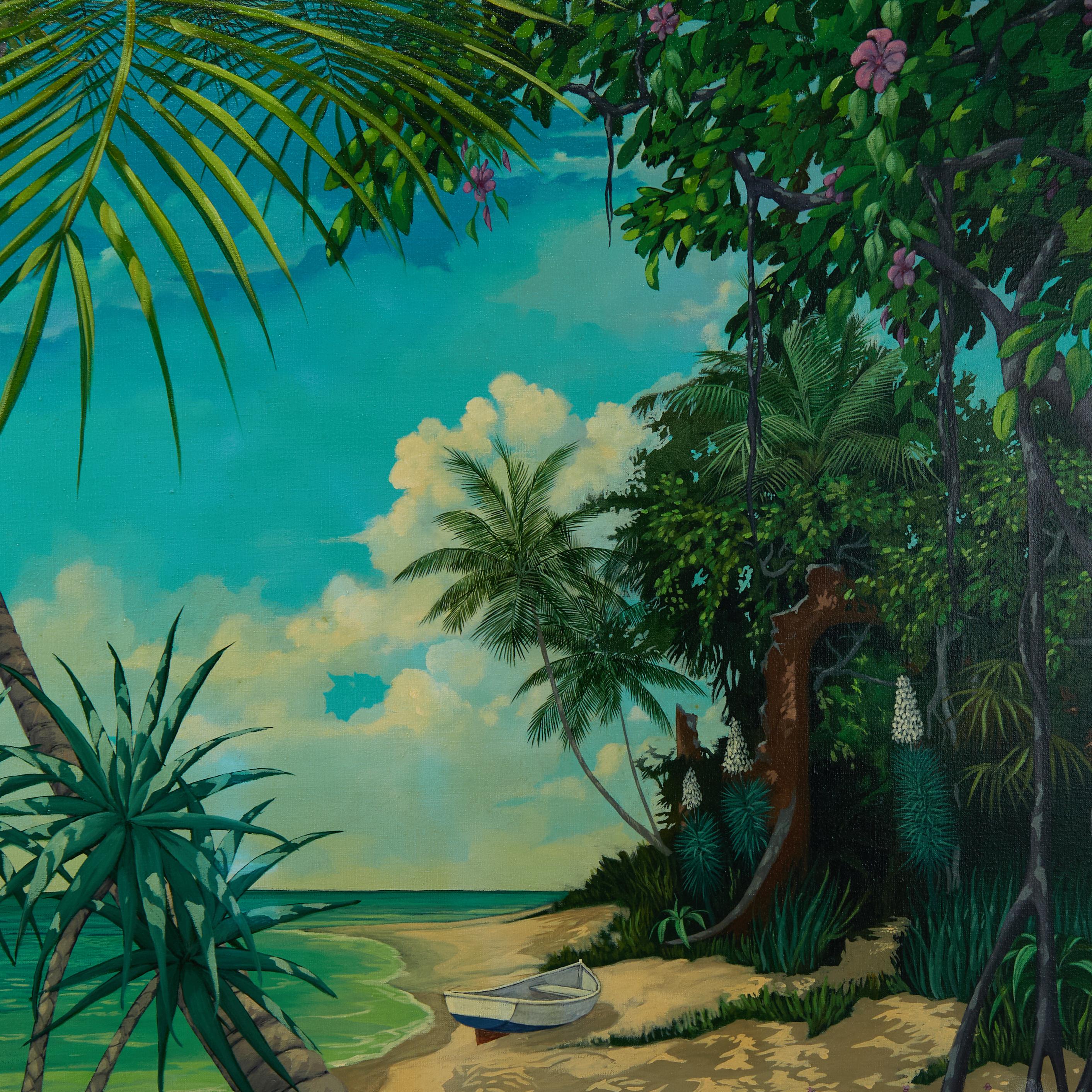 Llamativa pintura acrílica tropical sobre lienzo de una playa con palmeras, flores, arena y cielo rociados de luz y sombra, ejecutada con una atrevida técnica moderna. Firmado John Kiraly y presentado en un marco de madera dorada. Como se ve en la