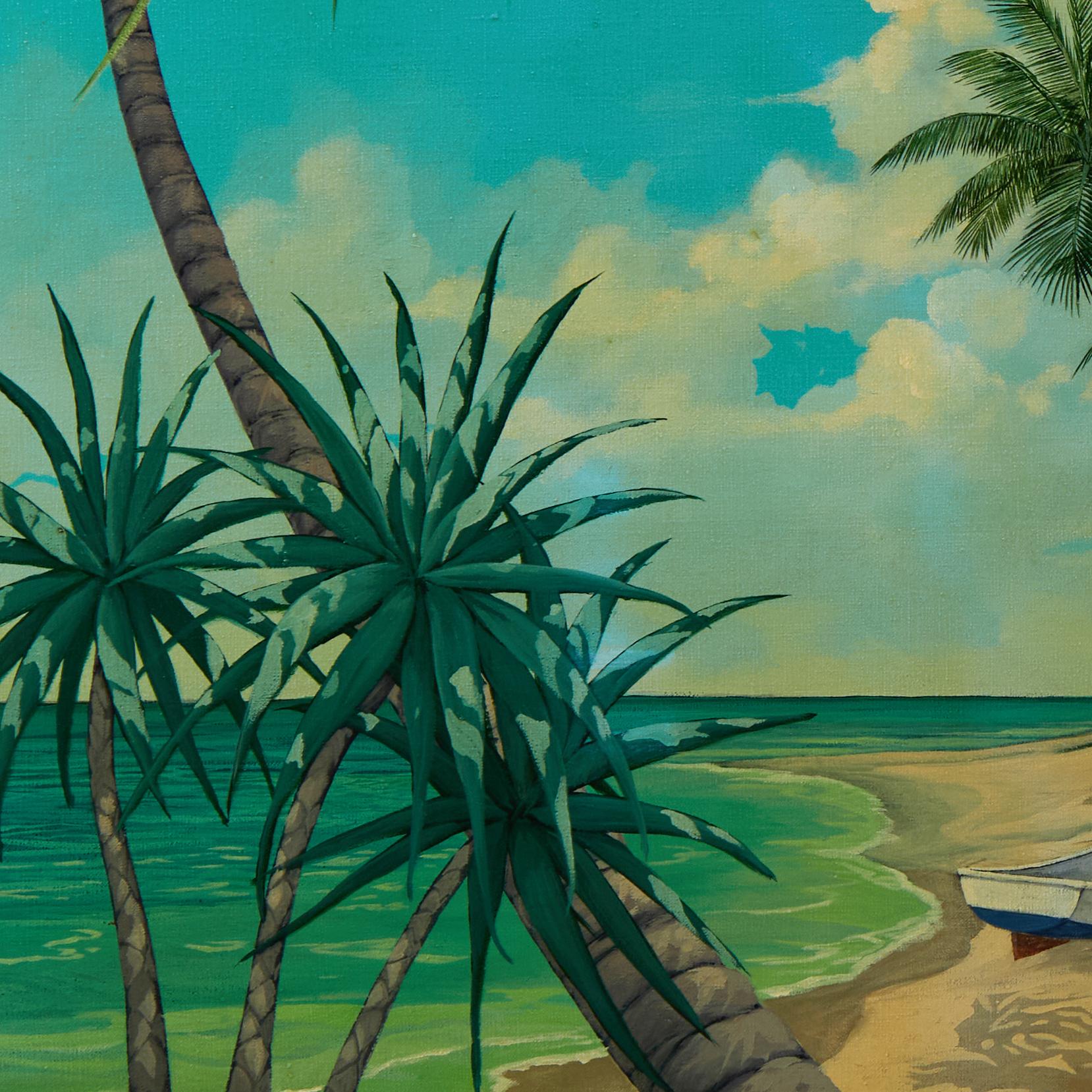 Pintura vintage de paisaje playero tropical de John Kiraly Moderno en venta