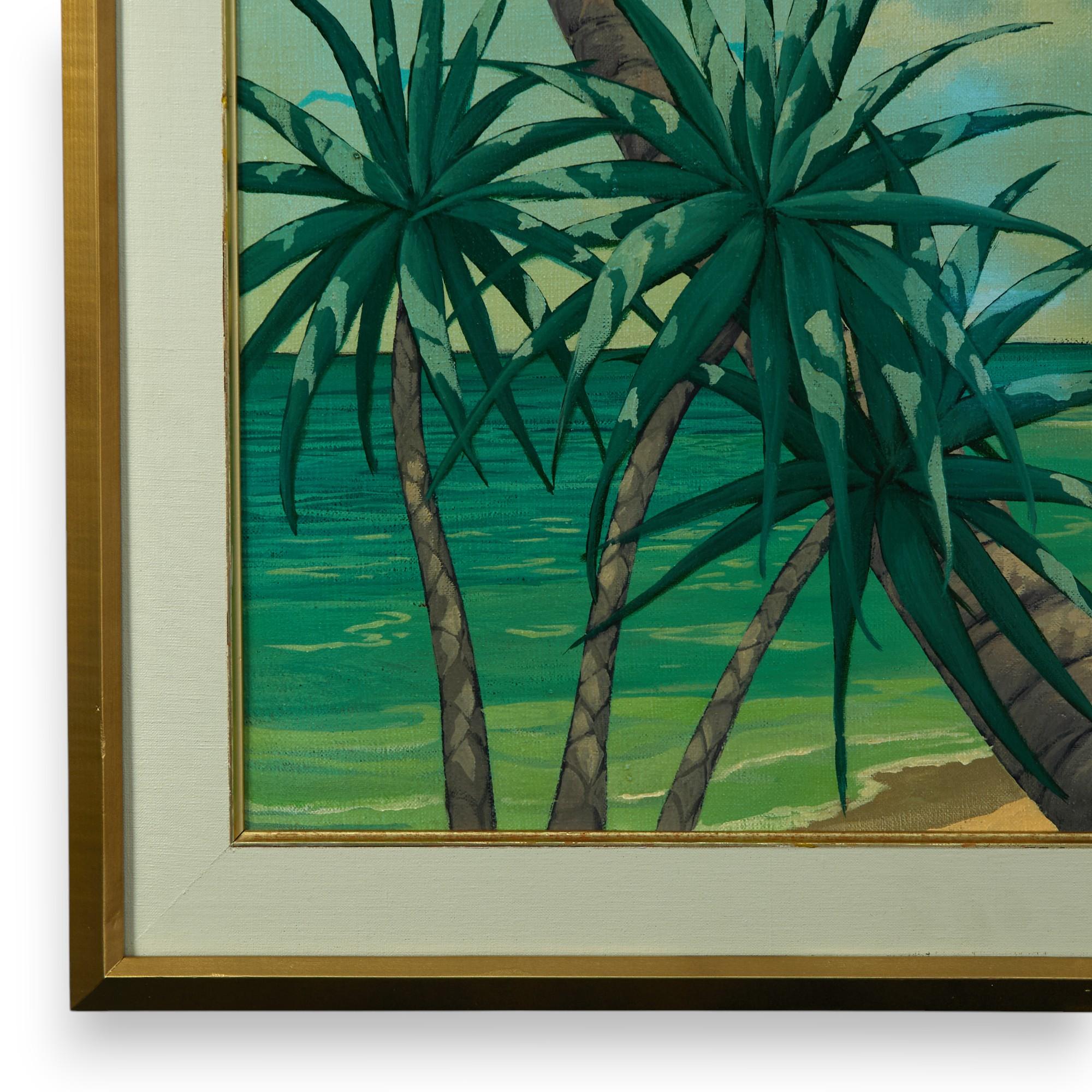 Pintura vintage de paisaje playero tropical de John Kiraly siglo XX en venta