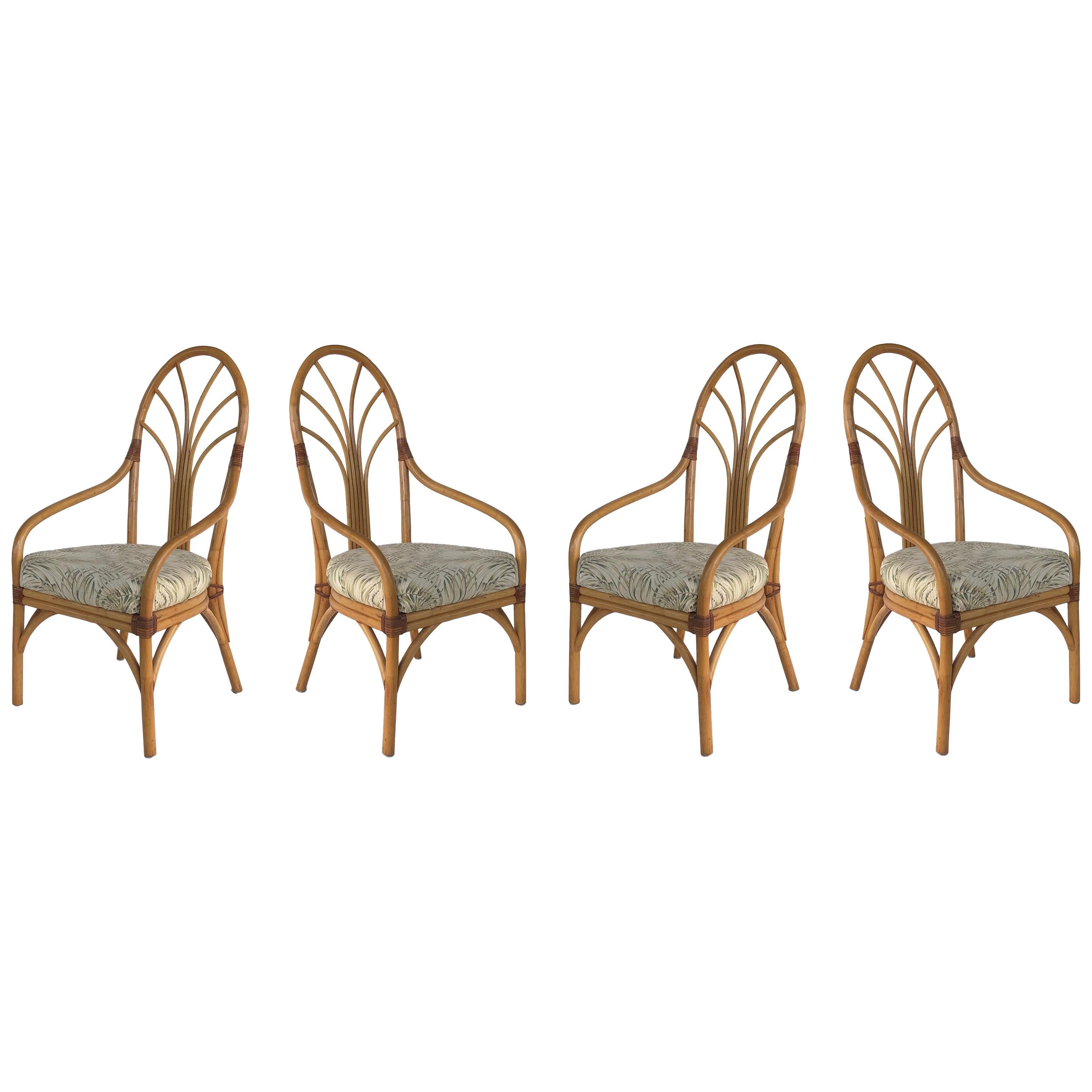 Vintage Tropical Bent Rattan Dining Armchairs/Chairs, Set of 4