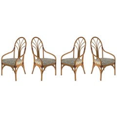 Vintage Tropical Bent Rattan Dining Armchairs/Chairs, Set of 4