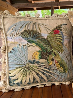 Vintage Tropical Bird Needlepoint Pillows With Tassel Trim Velvet Back-Pair