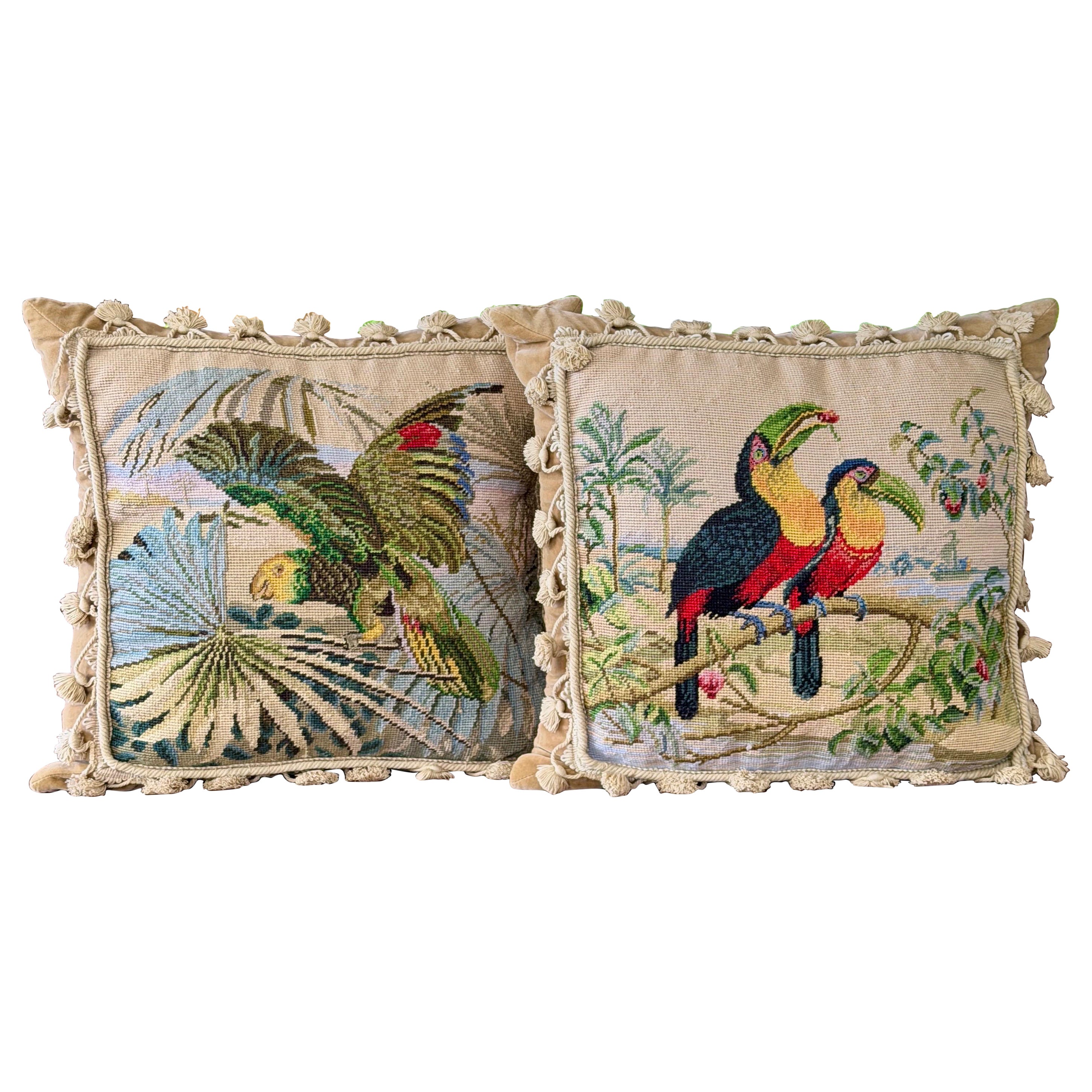 Vintage Tropical Bird Needlepoint Pillows With Tassel Trim Velvet Back-Pair