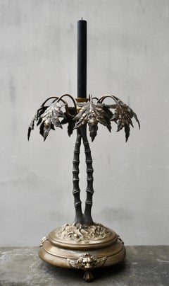 Vintage Tropical Brass Palm Tree Leaf Leaves Candle Stick Holder