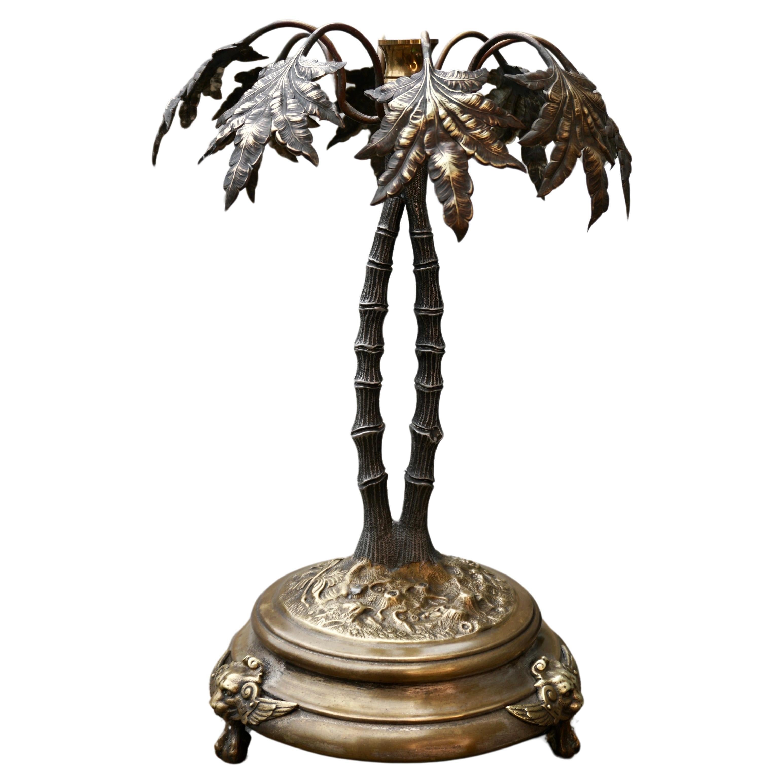 Porte-bougies vintage tropical en laiton avec feuilles de palmier en vente