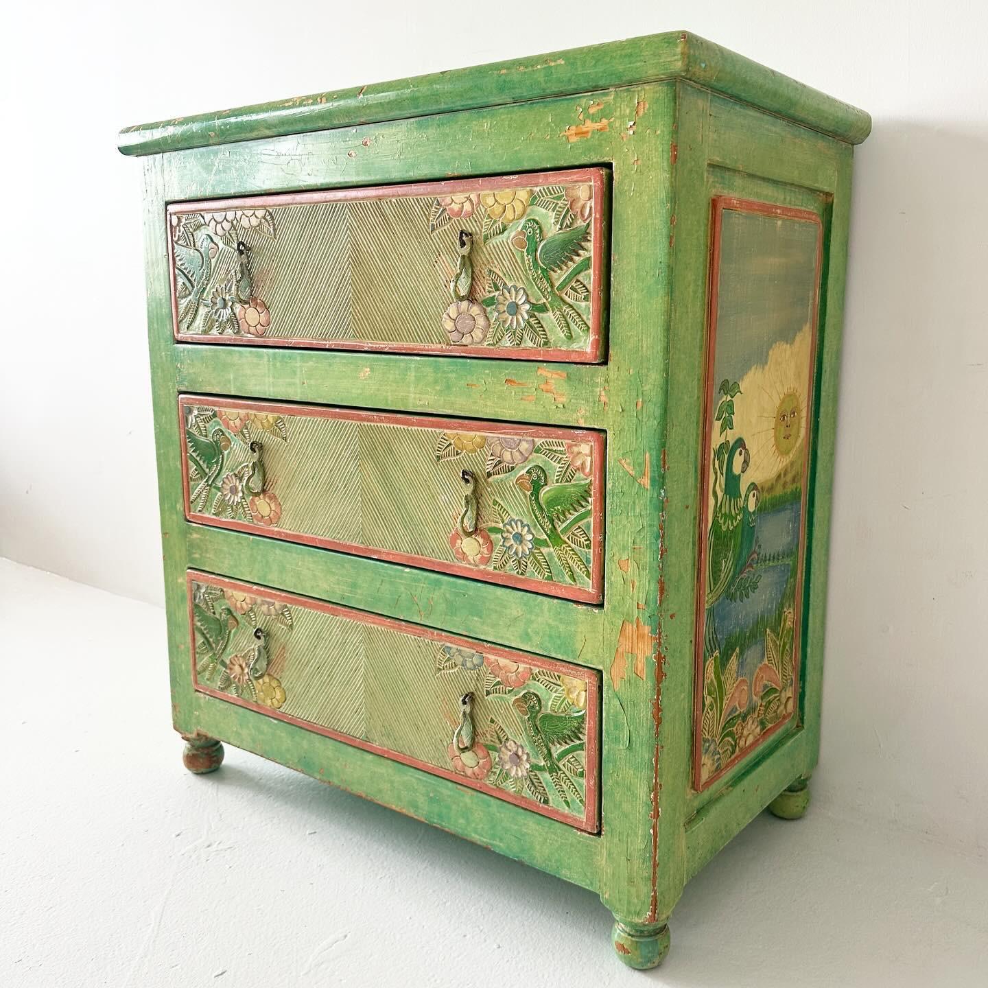 Hand-Carved Vintage tropical carved wood and hand painted dresser by Arte De Mexico For Sale