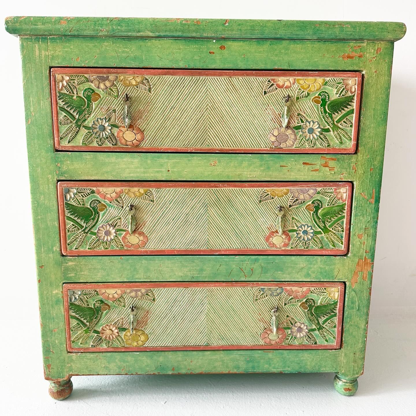 American Vintage tropical carved wood and hand painted dresser by Arte De Mexico