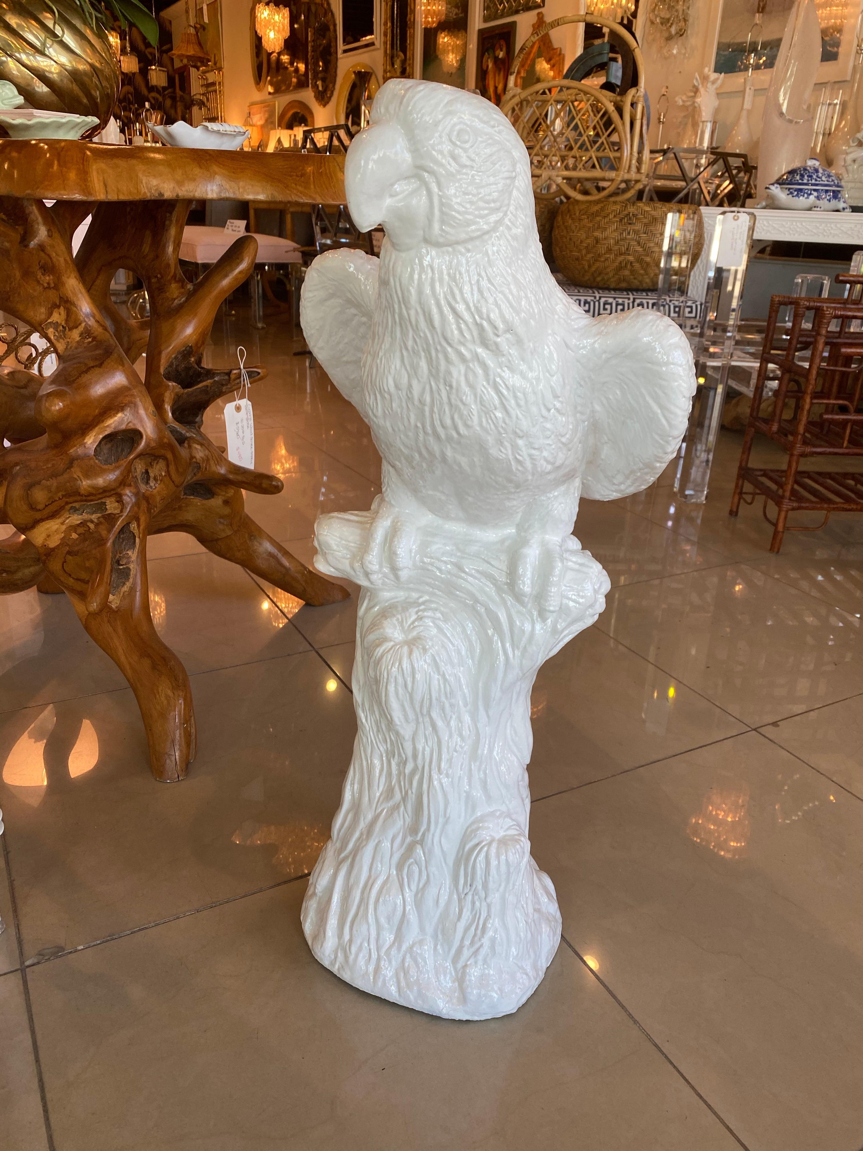 Vintage Tropical Concrete White Lacquered Parrot Bird Statue For Sale 2