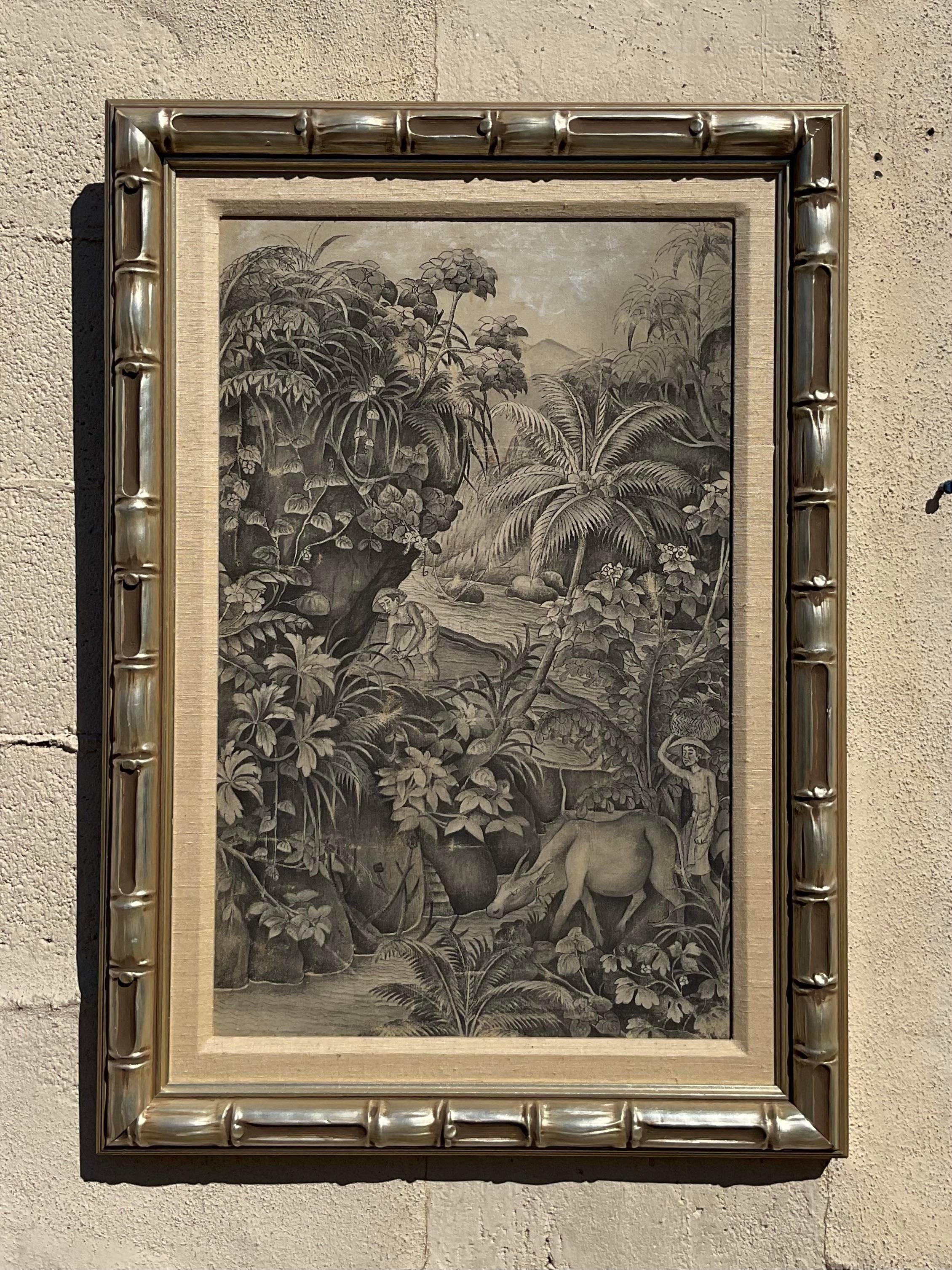 Gorgeous original Painting on canvas that appears almost to be pencil with its delicate stokes. Framed in an incredible gilt faux thick bamboo frame with dimensional linen matting. Whimsical addition to any tropical or eclectic home. Acquired from a