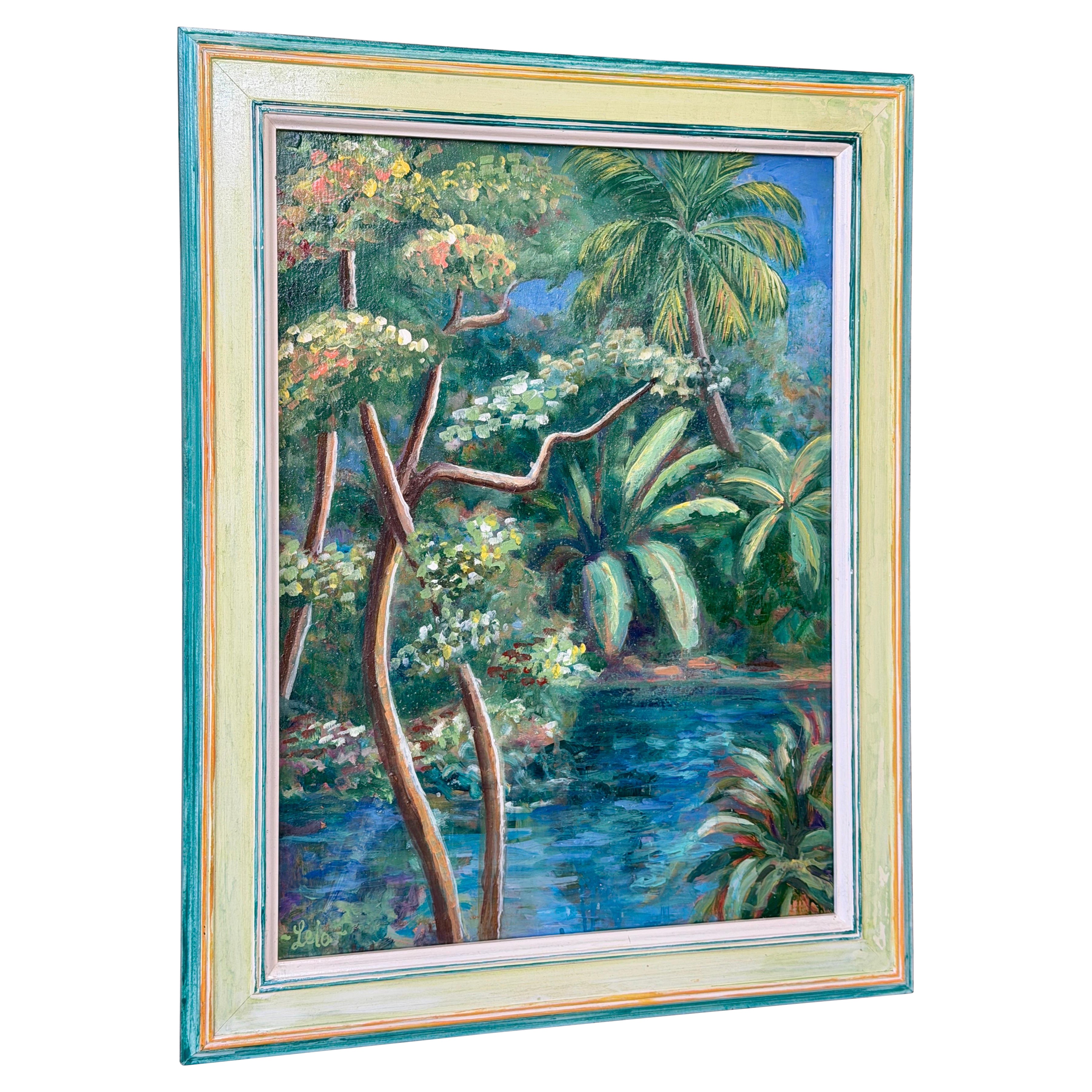 Vintage Tropische Florida Landschaft Ölgemälde auf Karton, signiert Lea