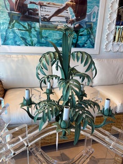 Vintage Tropical Green Metal Tole Palm Beach Leaf Chandelier 5 Light Coastal