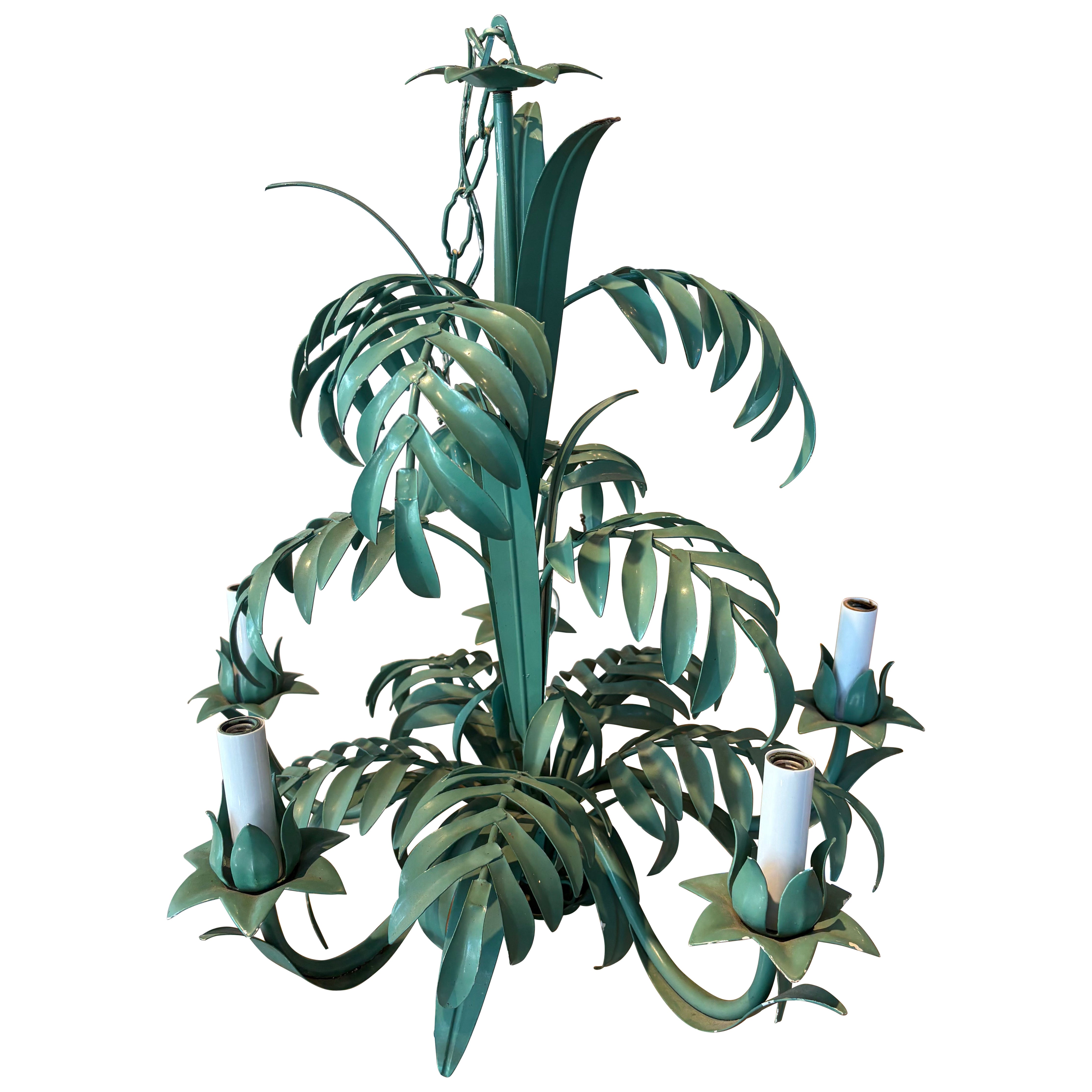 Araña Vintage Tropical Verde Tole Metal Palm Beach Leaf 5 Light Coastal en venta