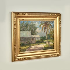Vintage Tropical Landscape Painting with Houses by Melville F. Stark