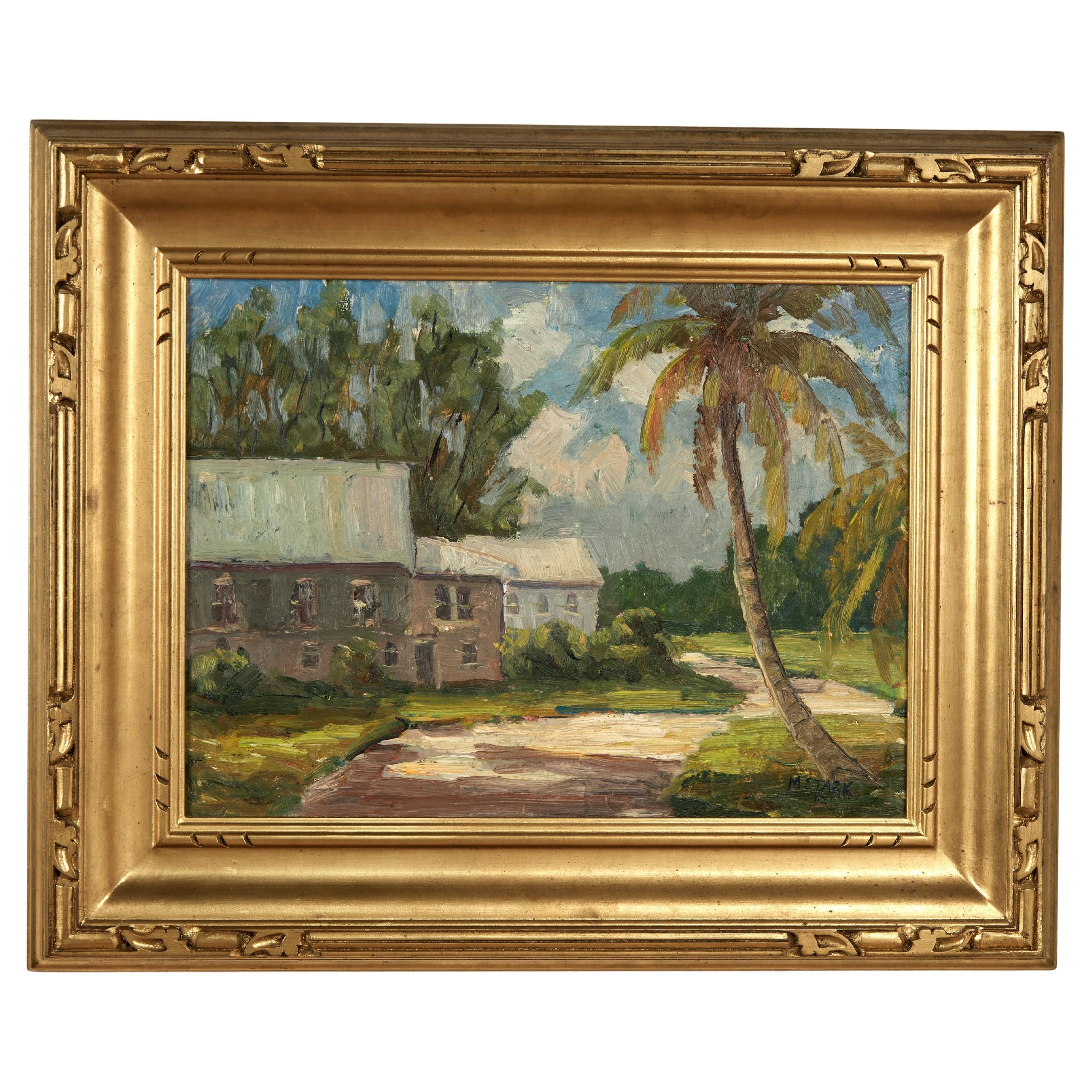 Vintage Tropical Landscape Painting with Houses by Melville F. Stark
