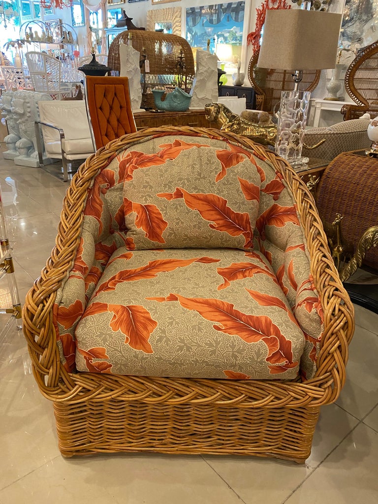 Vintage Tropical Leaf Palm Beach Braided Wicker Arm Lounge Chair By Wicker Works At 1stdibs