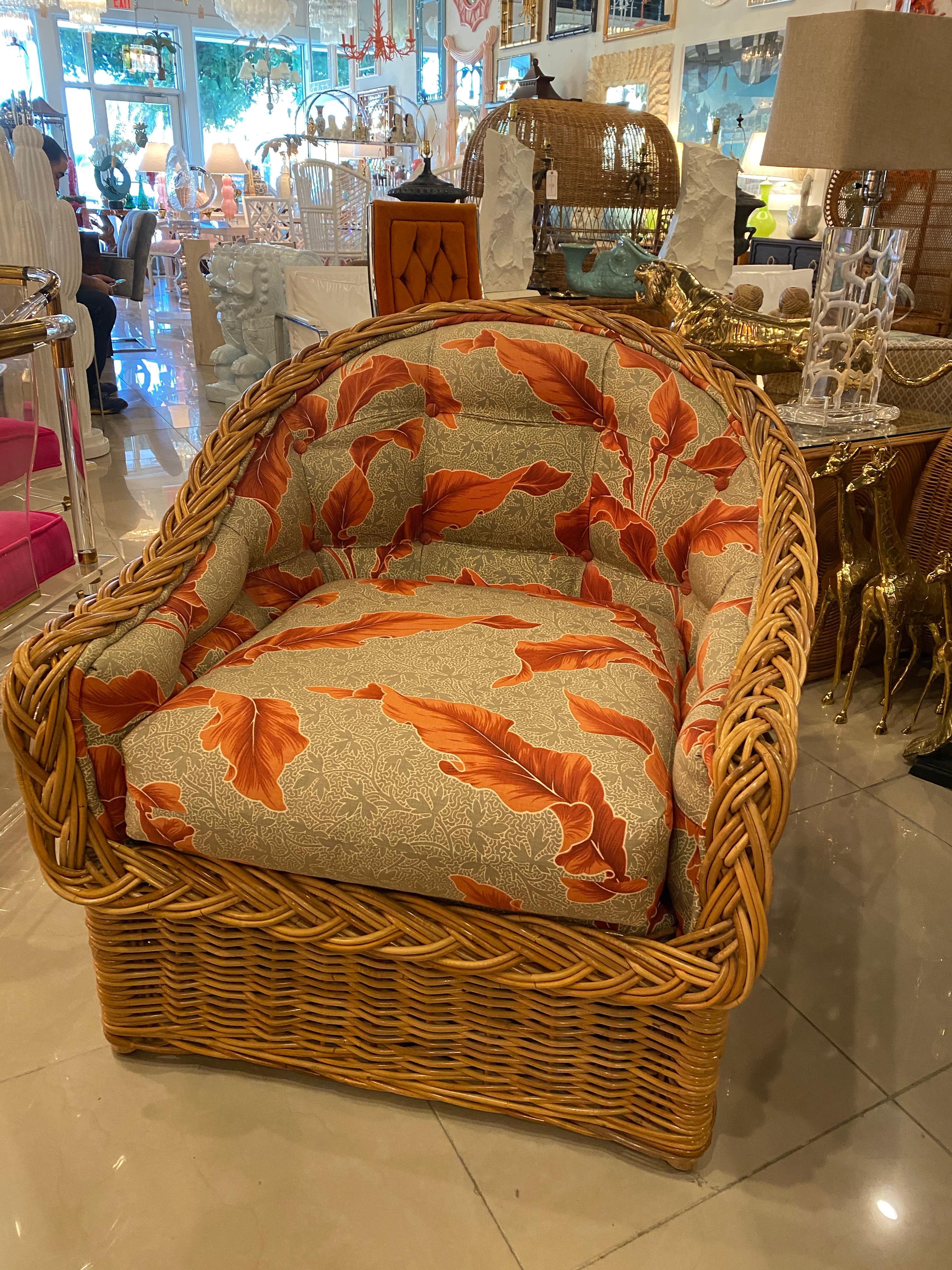Vintage Tropical Leaf Palm Beach Braided Wicker Arm Lounge Chair by Wicker Works 1