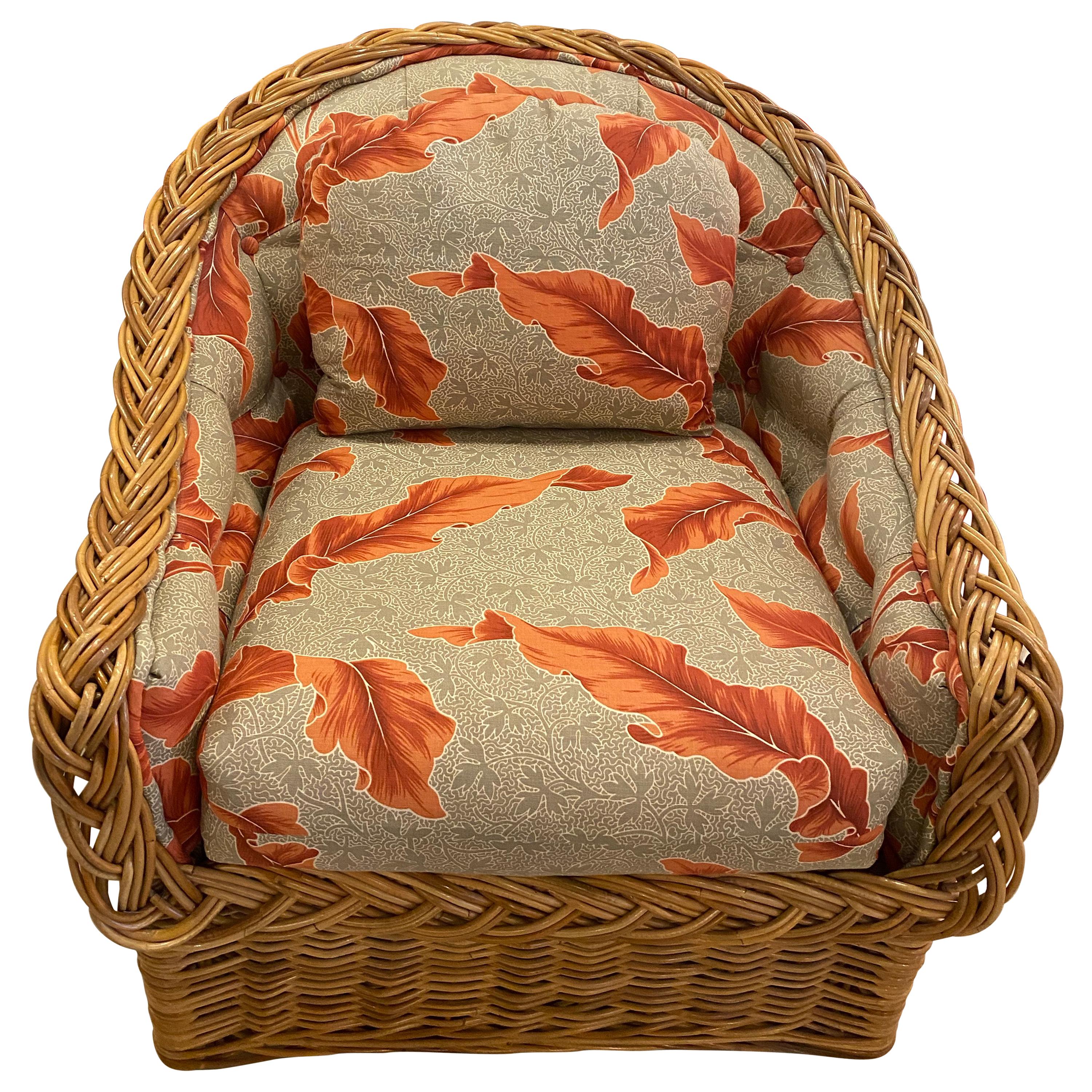 Vintage Tropical Leaf Palm Beach Braided Wicker Arm Lounge Chair by Wicker Works