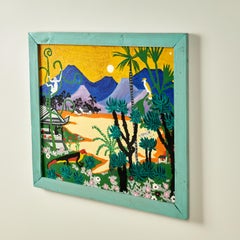 Vintage Tropical Naive Painting with Palm Trees and Monkeys By Sylvia Bucchi