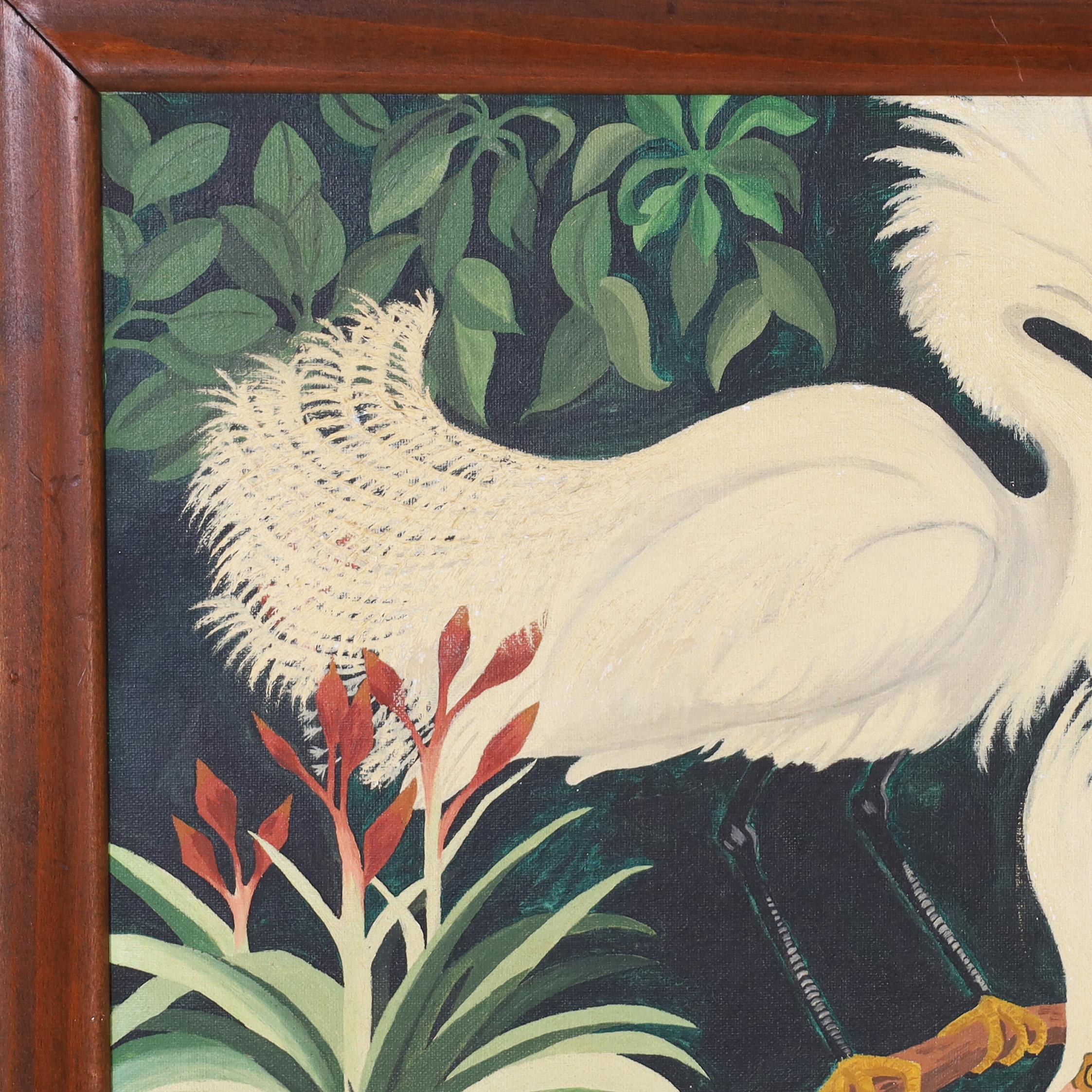 Striking vintage oil painting on board og two snowy egrets in a tropical setting with mangrove trees and flowers. Presented in the original mahogany frame.