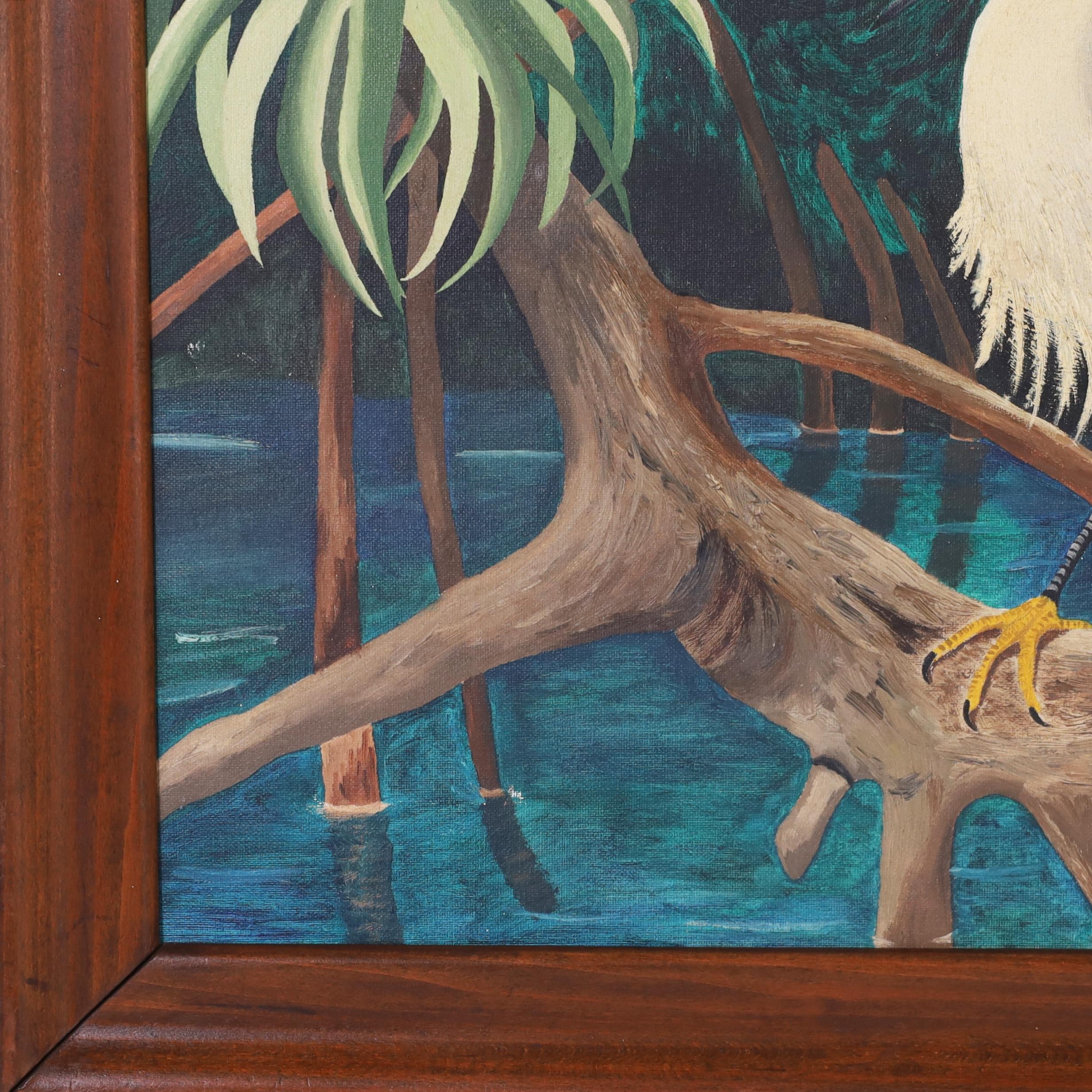 Hand-Painted Vintage Tropical Oil Painting of Two Egrets in Mangrove  For Sale