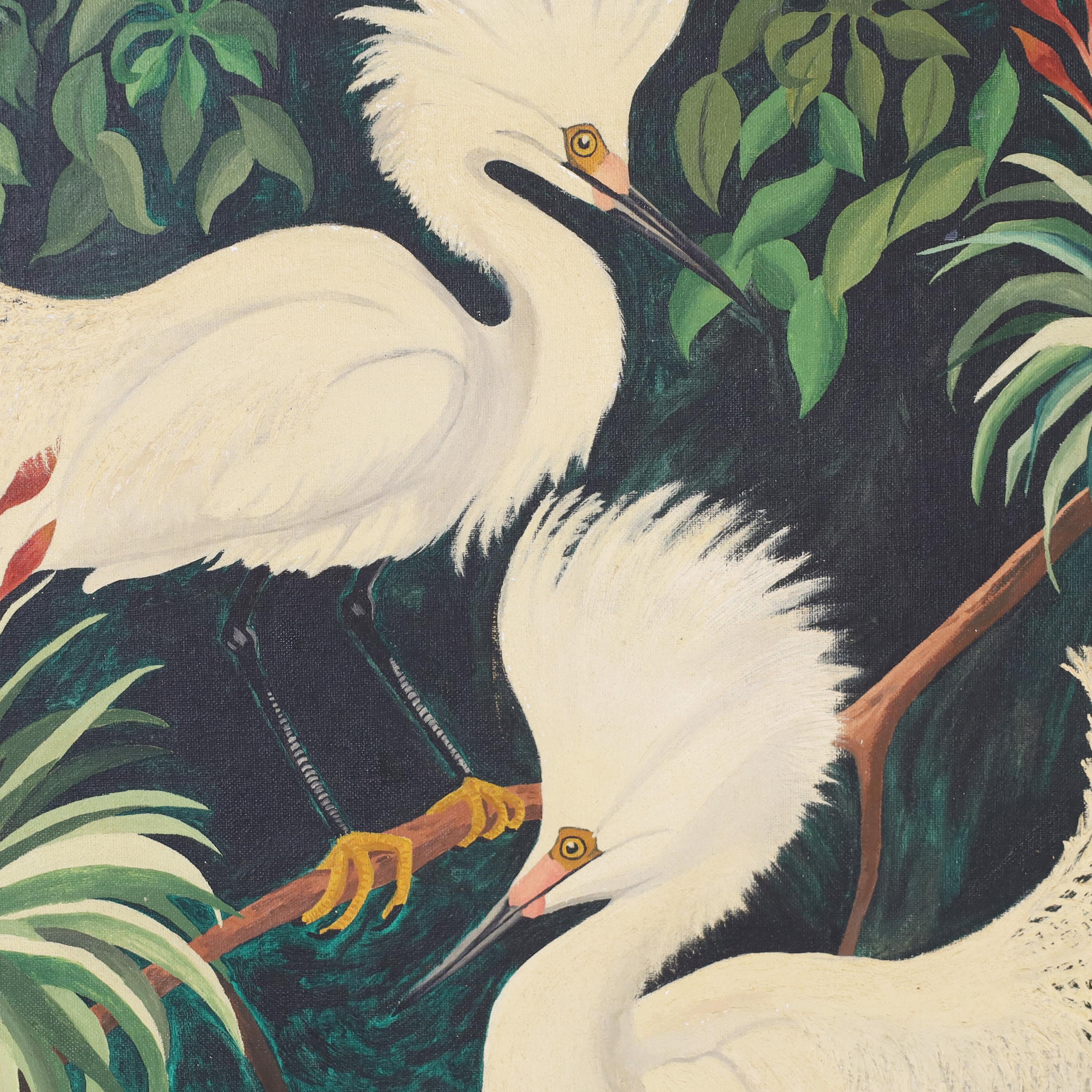 Vintage Tropical Oil Painting of Two Egrets in Mangrove  In Good Condition For Sale In Palm Beach, FL