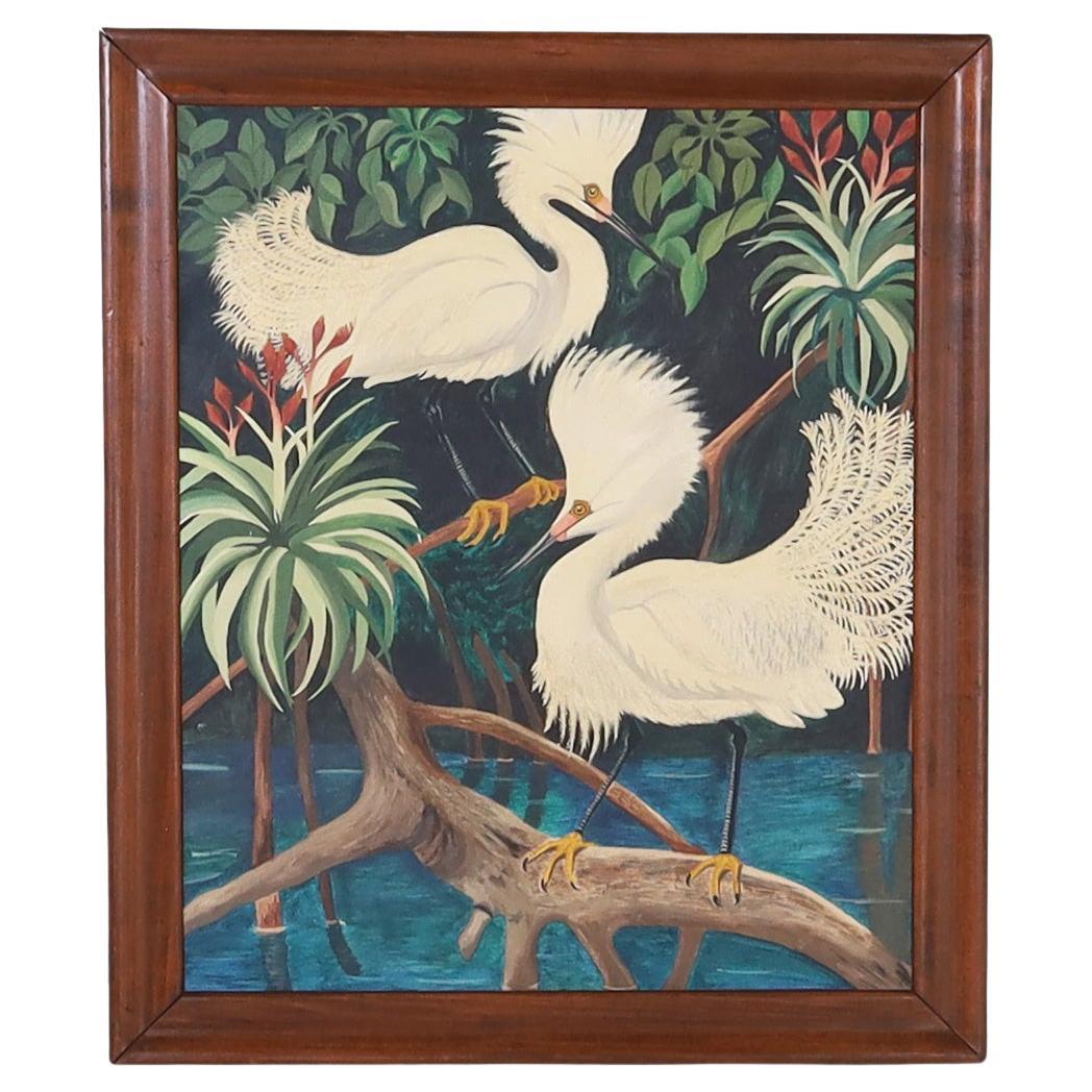 Peinture à l'huile tropicale d'un égret dans un manoir 