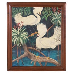 Vintage Tropical Oil Painting of Two Egrets in Mangrove 