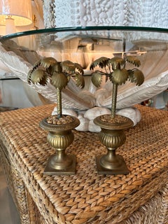 Vintage Tropical Pair of Brass Urn Palm Tree Leaf Leaves Candle Stick Holders