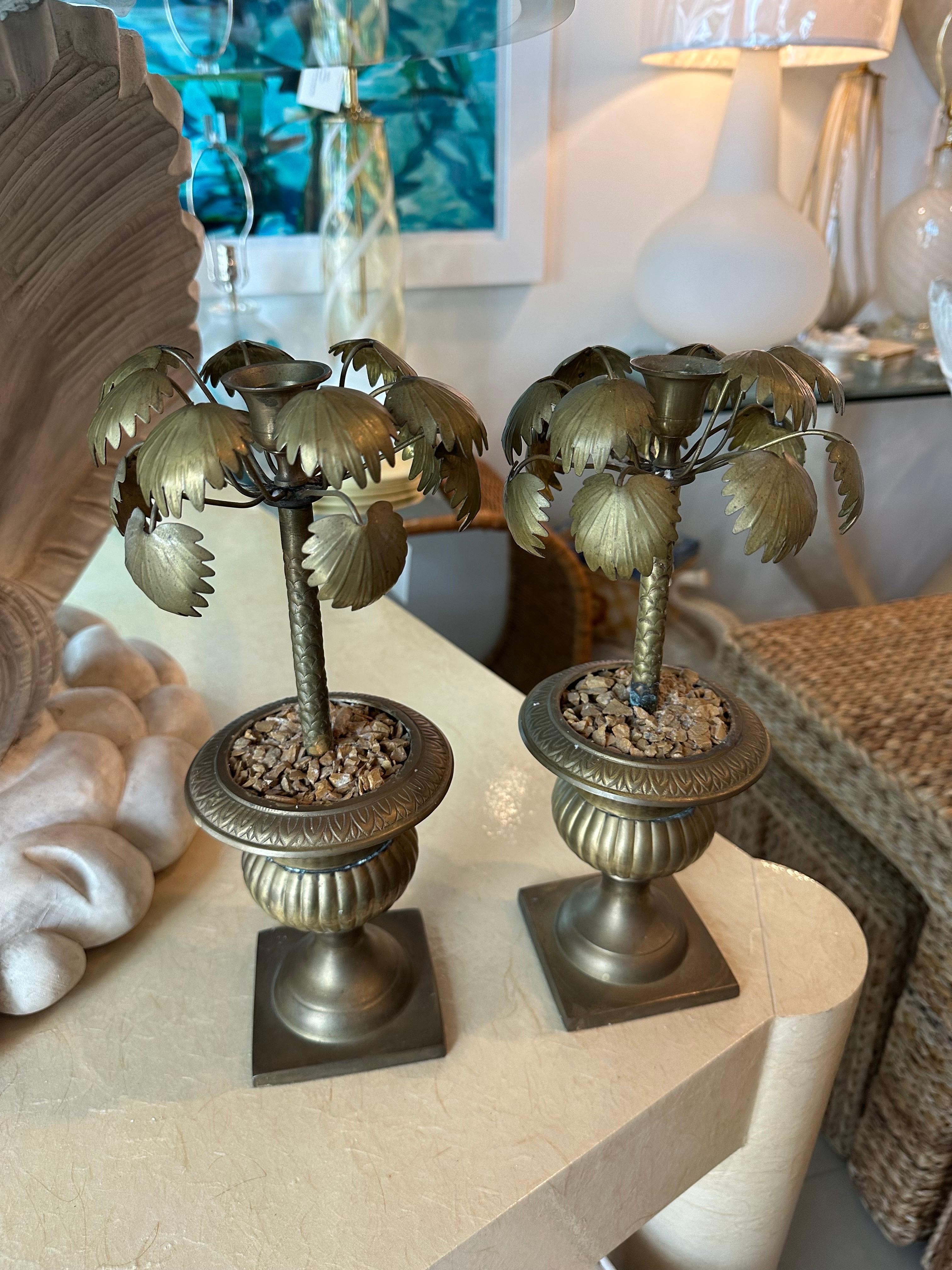 Italian Vintage Tropical Pair of Brass Urn Palm Tree Leaf Leaves Candle Stick Holders  For Sale