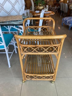 Vintage Tropical Palm Beach Rattan Bar Cart Two Glass Shelves