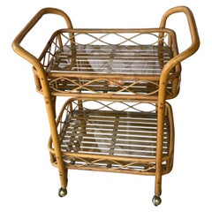 Vintage Tropical Palm Beach Rattan Bar Cart Two Glass Shelves