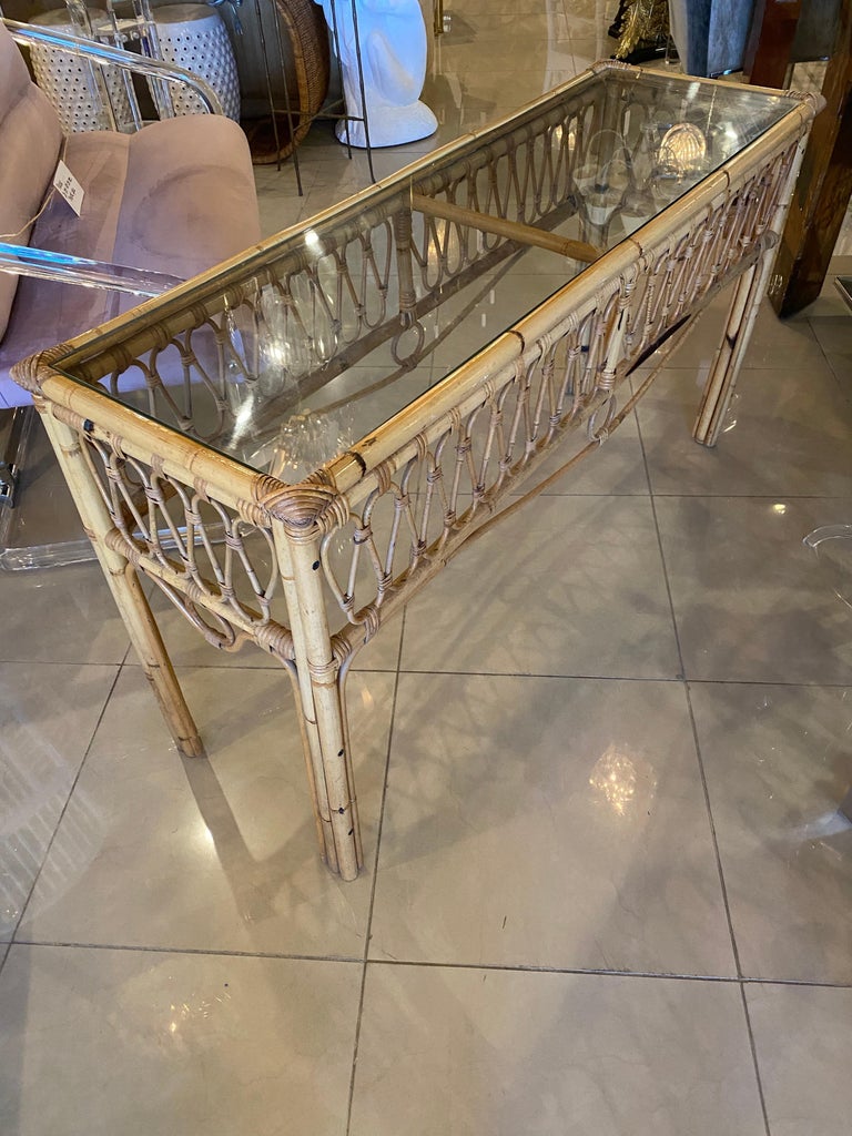 Vintage Tropical Palm Beach Rattan Console Sofa Table Glass Top at 1stDibs