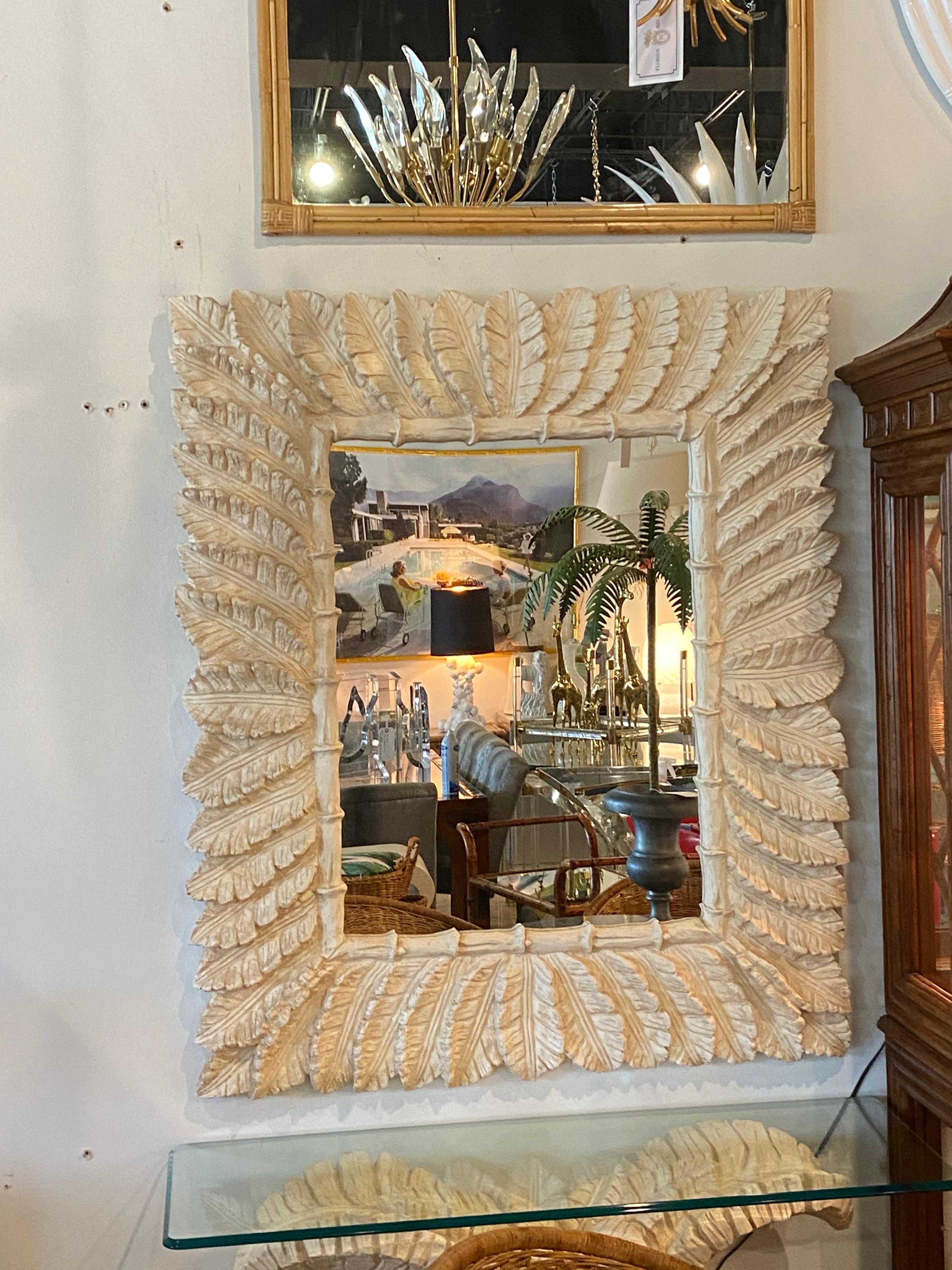 Vintage tropical leaf leaves faux bamboo wall mirror. Comes ready to hang.