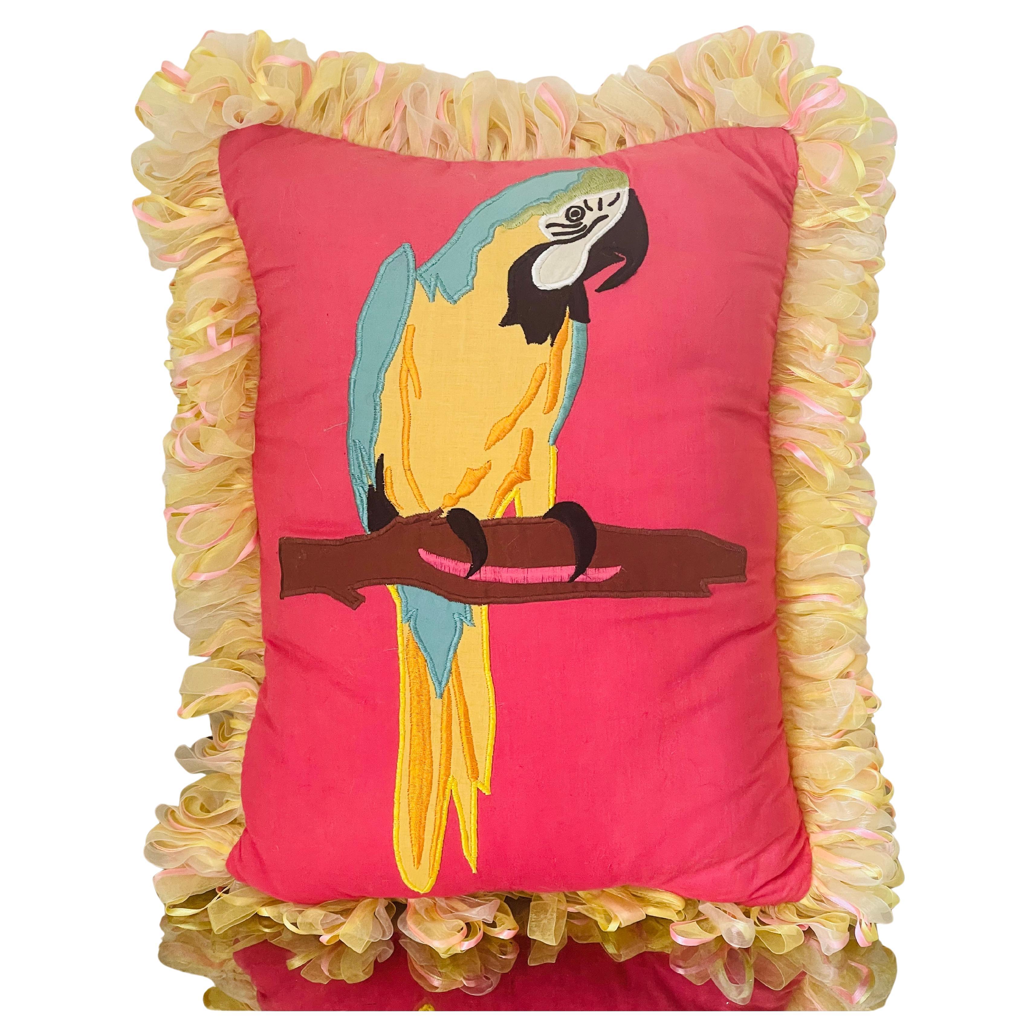 Vintage Tropical Parrot Embroidered Pillow