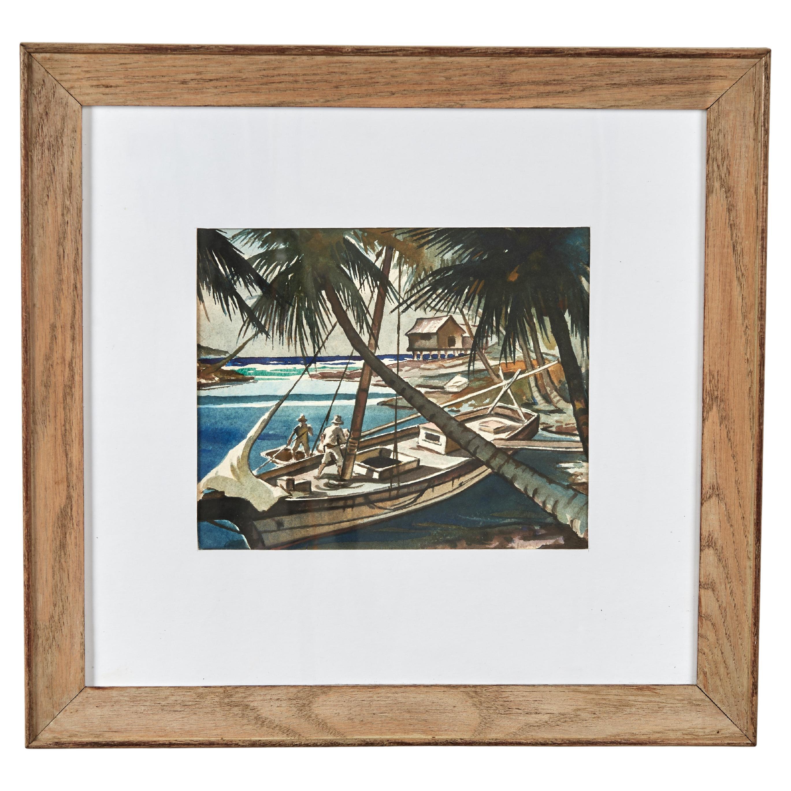 Aquarelle tropicale vintage avec bateau