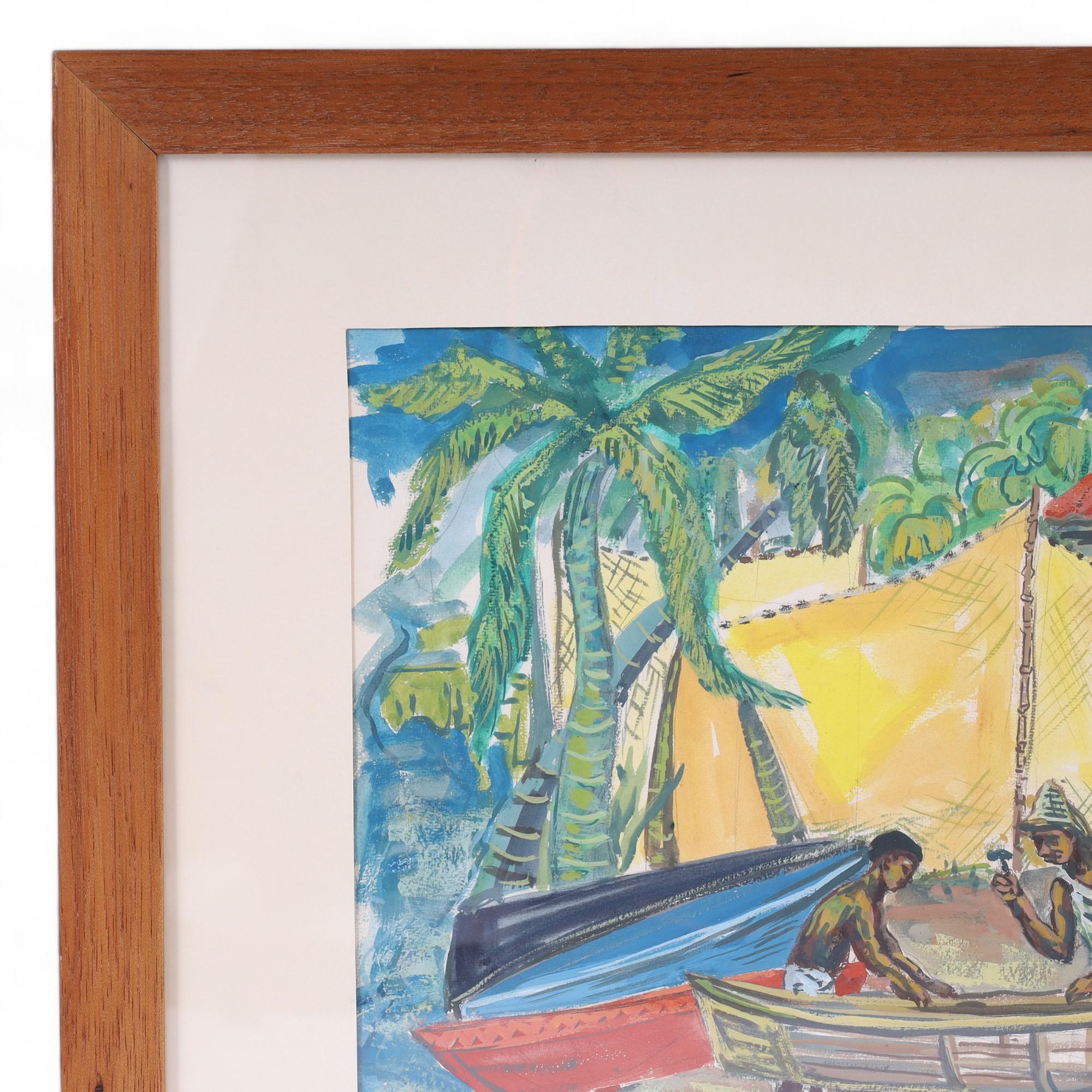 Transportadora acuarela sobre papel de mediados de siglo de una familia haciendo reparaciones en un barco en Martinica, ejecutada en un estilo ingenuo con atrevidos colores tropicales. Firmado N. Topp 1950 y presentado bajo cristal en un marco de