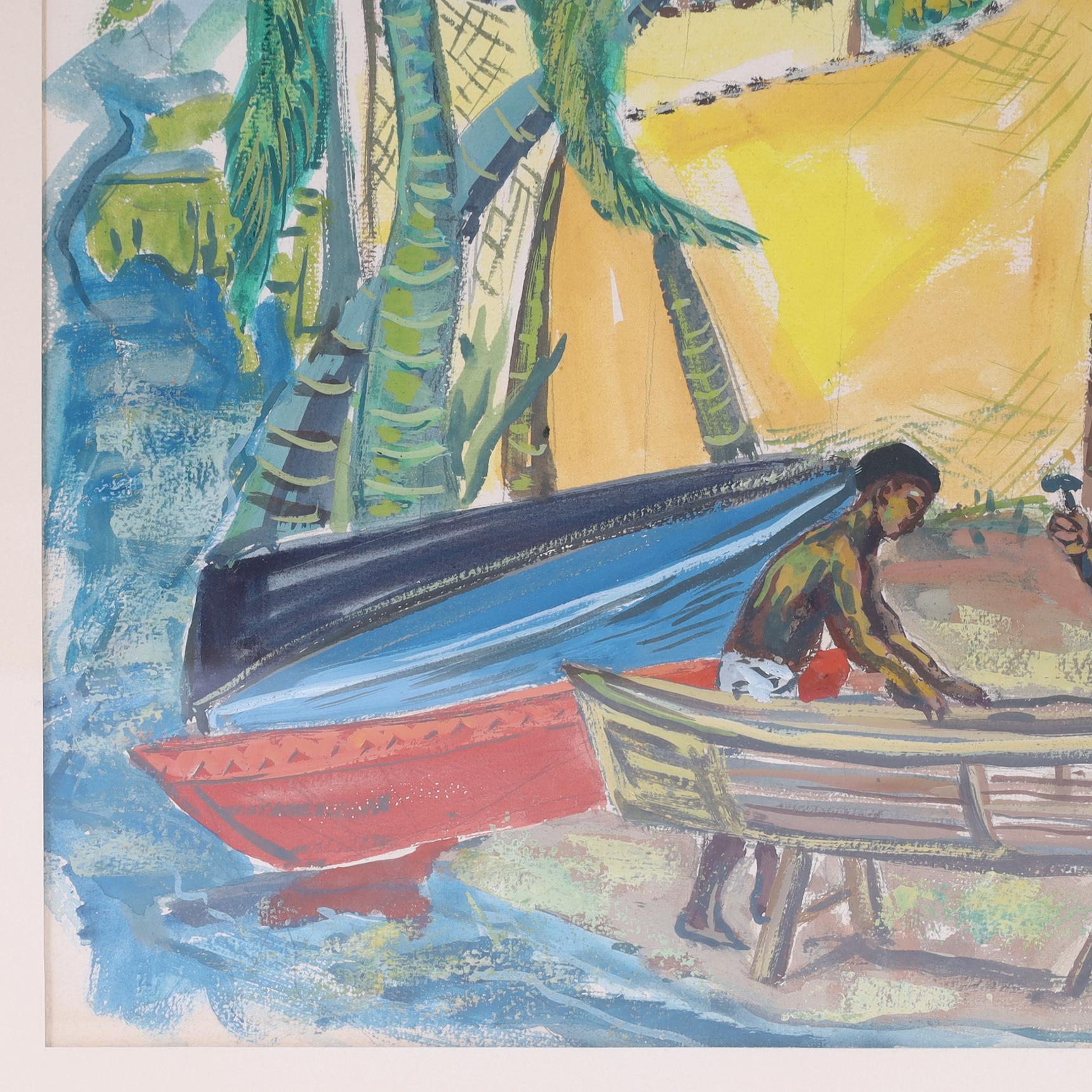Acuarela Tropical Vintage con Palmeras y Figuras en Martinica Moderno de mediados de siglo en venta