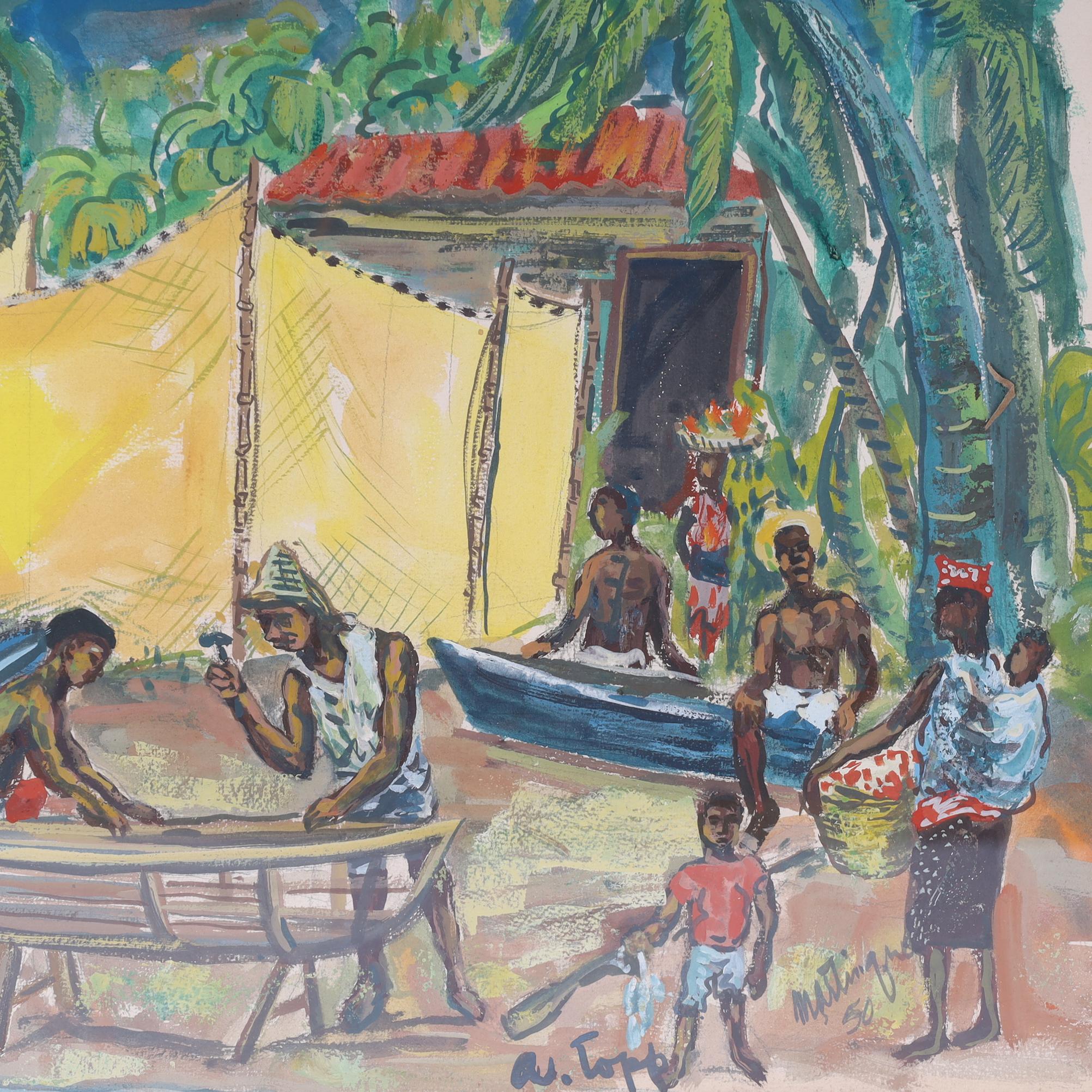 Acuarela Tropical Vintage con Palmeras y Figuras en Martinica Pintado a mano en venta
