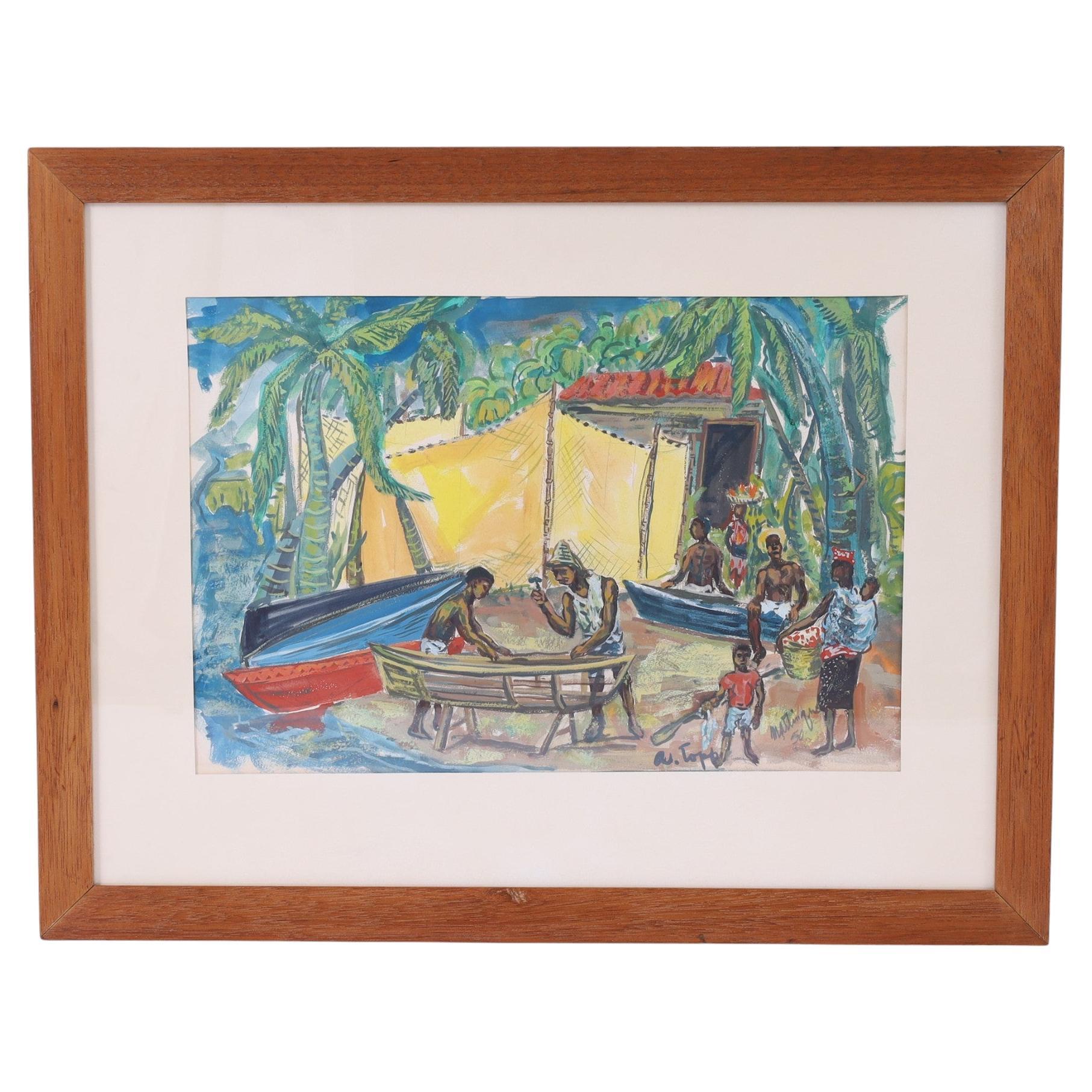 Vintage Tropical Watercolor with Palm Trees and Figures in Martinique
