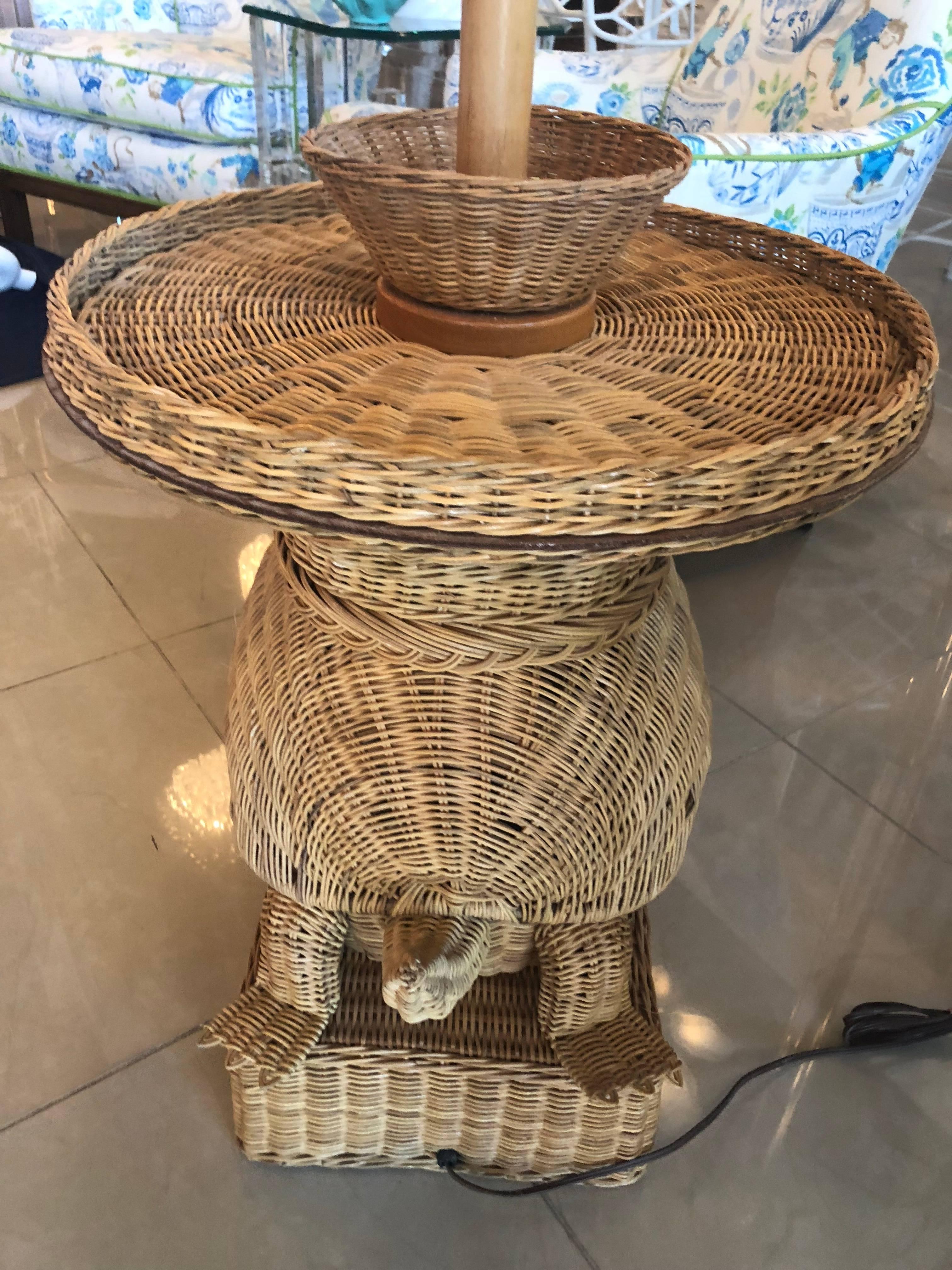 Late 20th Century Vintage Tropical Wicker Turtle Side End Table Floor Lamp