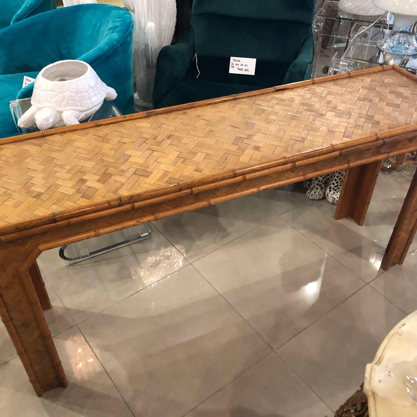 Hollywood Regency Vintage Tropical Woven Rattan and Bamboo Console Table Moroccan Flair