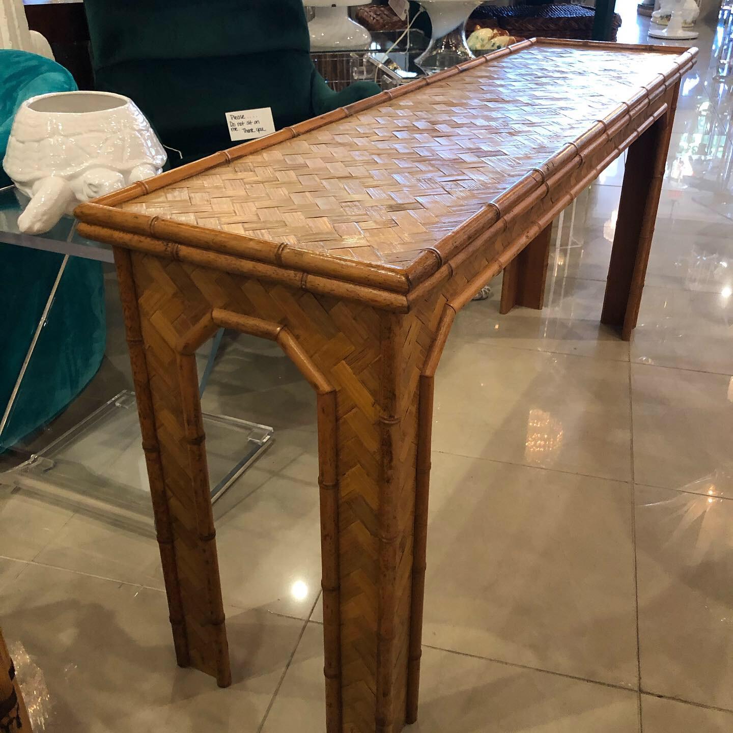 American Vintage Tropical Woven Rattan and Bamboo Console Table Moroccan Flair
